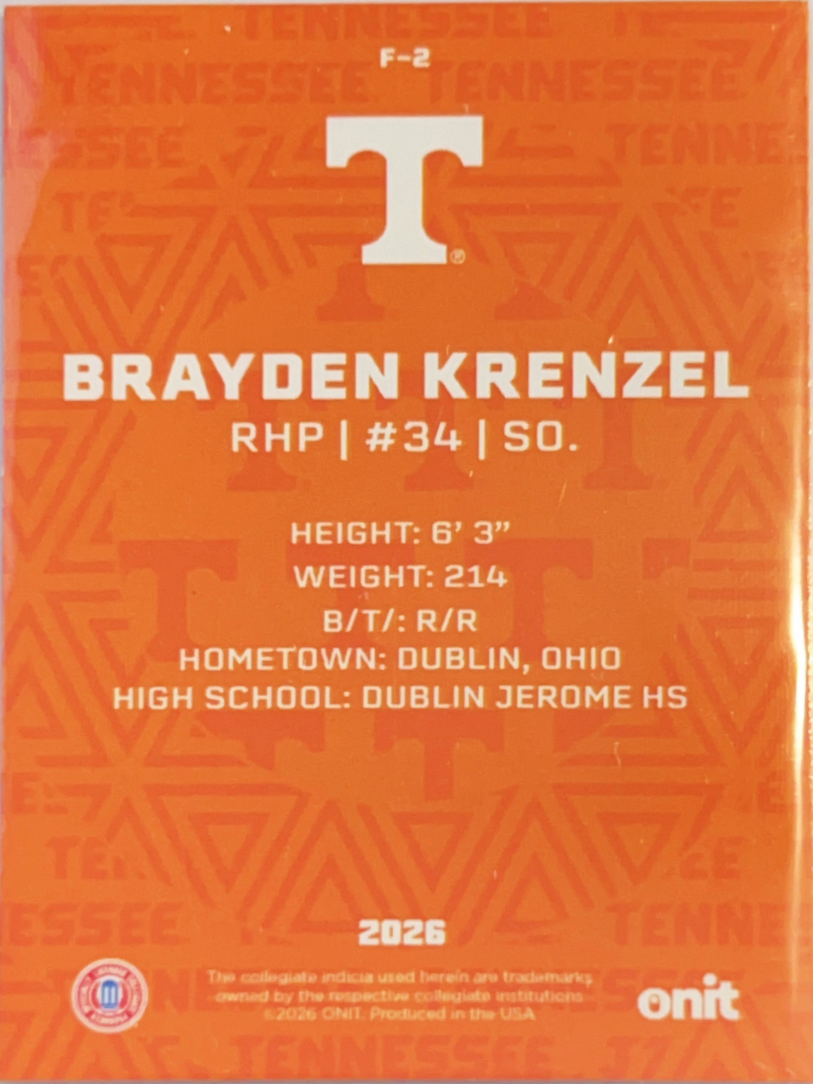 2026 ONIT Tennessee Baseball Brayden Krenzel #F-2