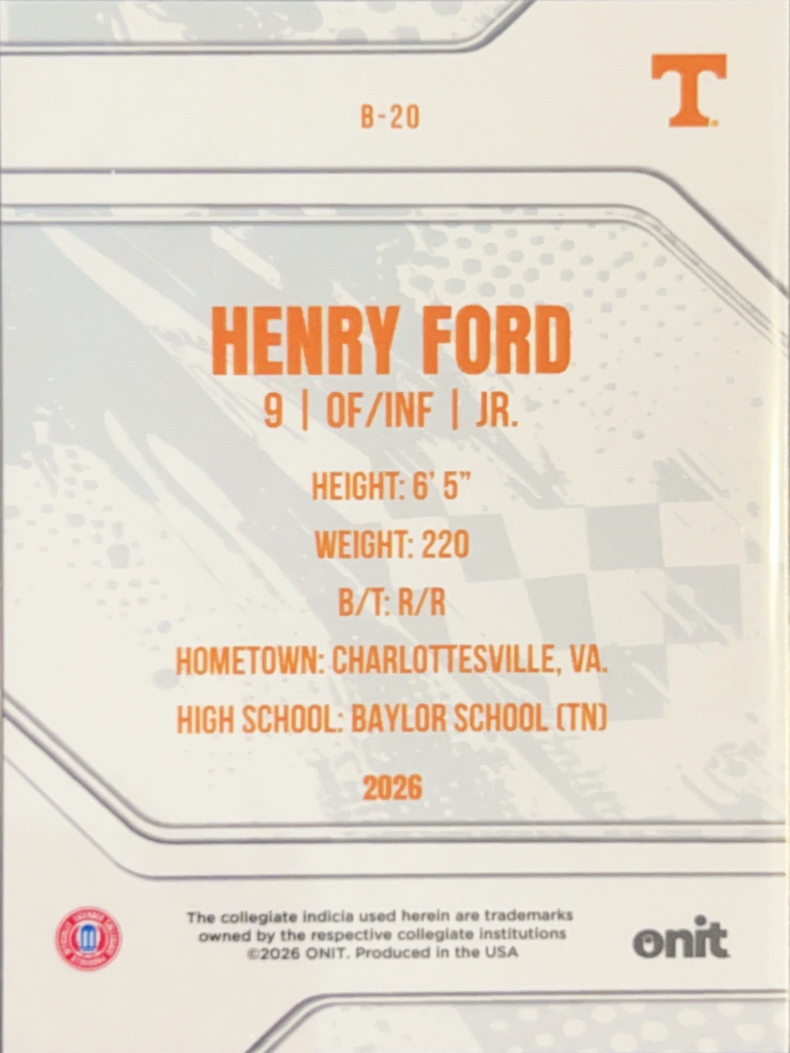 2026 ONIT Tennessee Baseball Henry Ford #B-20