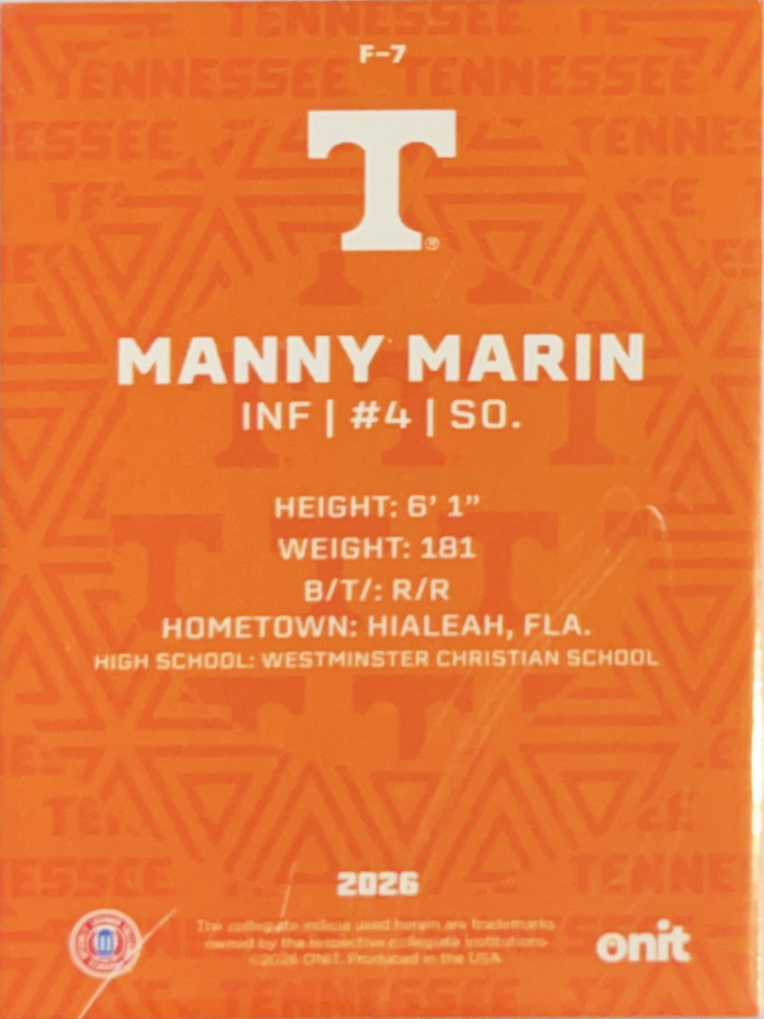 2026 Onit Tennessee Baseball Manny Marin #F-7