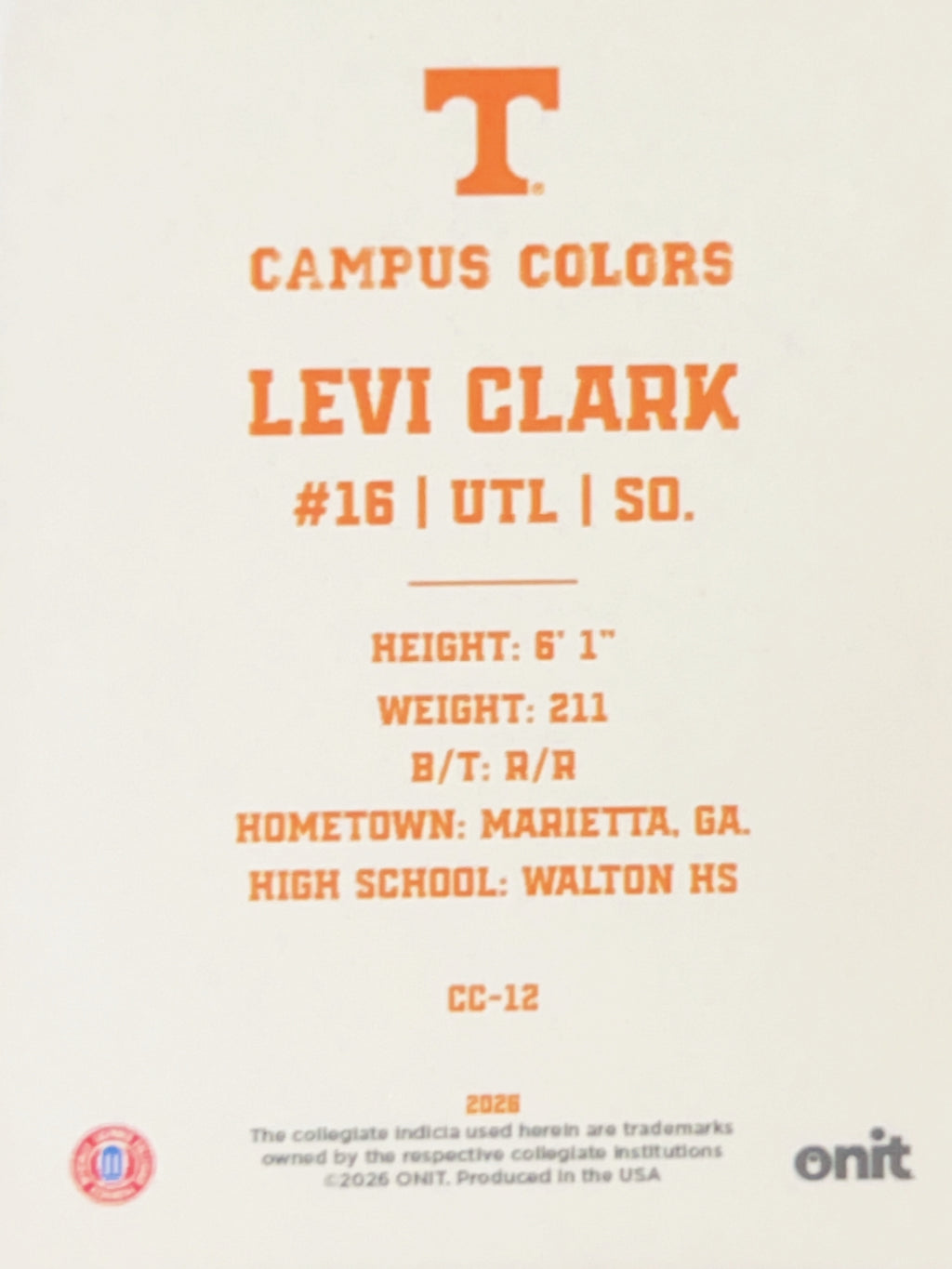 2026 ONIT Gameday Campus Colors Levi Clark #CC-12