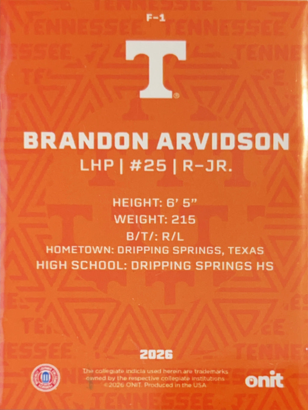 2026 ONIT Tennessee Baseball Brandon Arvidson #F-1