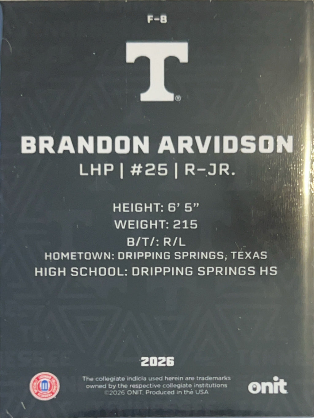 2026 ONIT Tennessee Baseball Brandon Arvidson #F-8