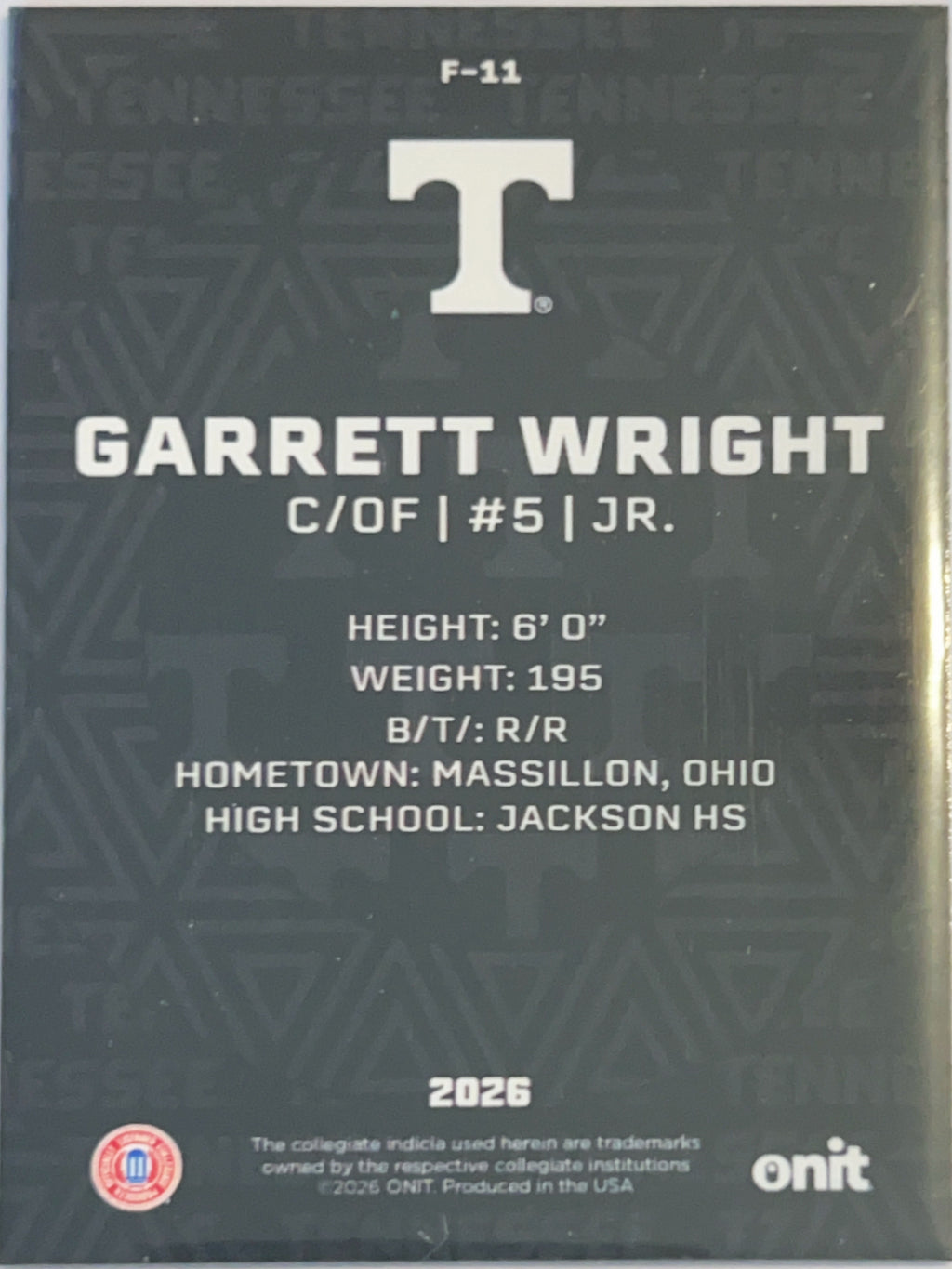 2026 ONIT Tennessee Volunteers Garrett Wright #F-11