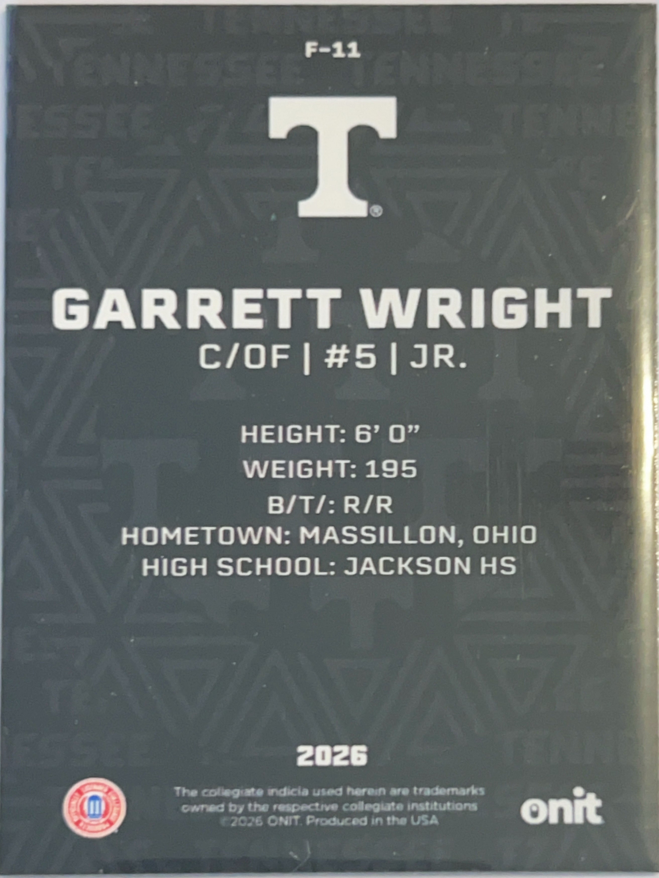 2026 ONIT Tennessee Volunteers Garrett Wright #F-11