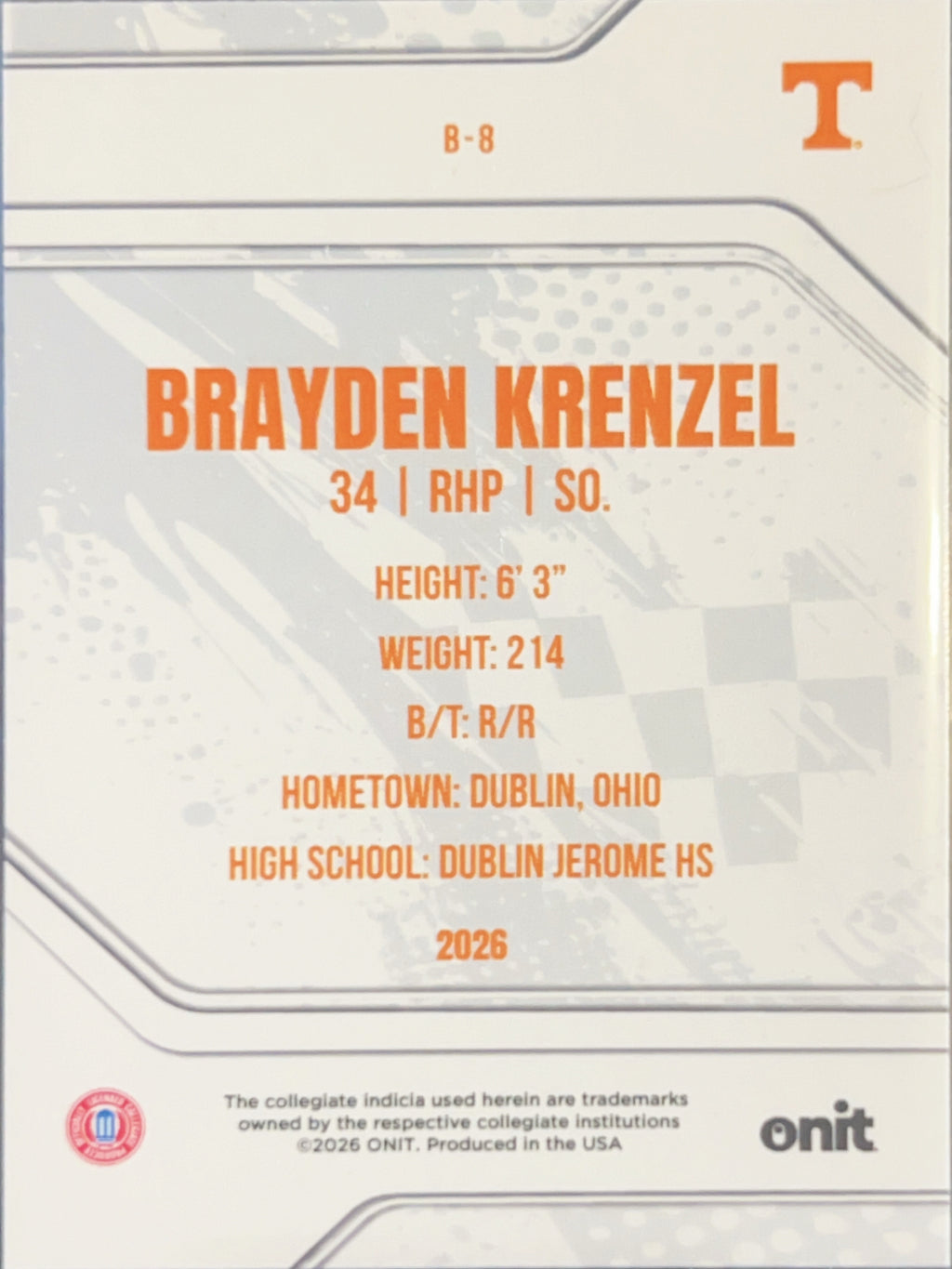 2026 Onit Tennessee Baseball Brayden Krenzel #B-8