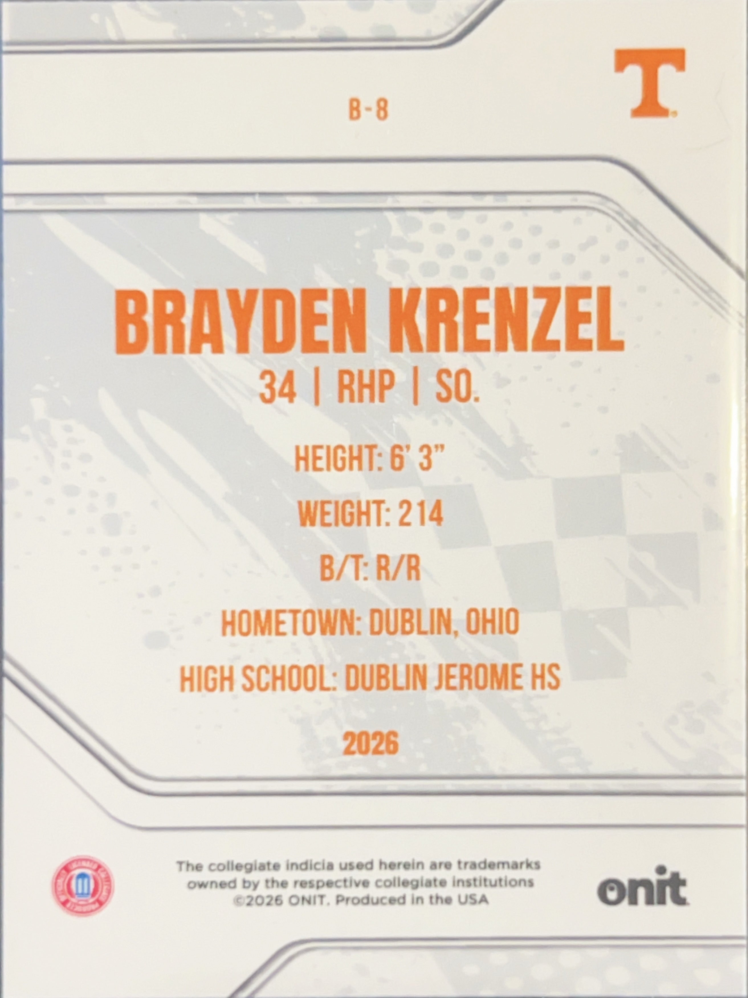 2026 Onit Tennessee Baseball Brayden Krenzel #B-8