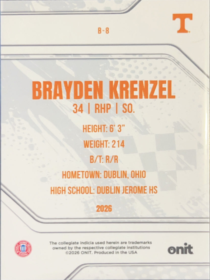 2026 Onit Tennessee Baseball Brayden Krenzel #B-8