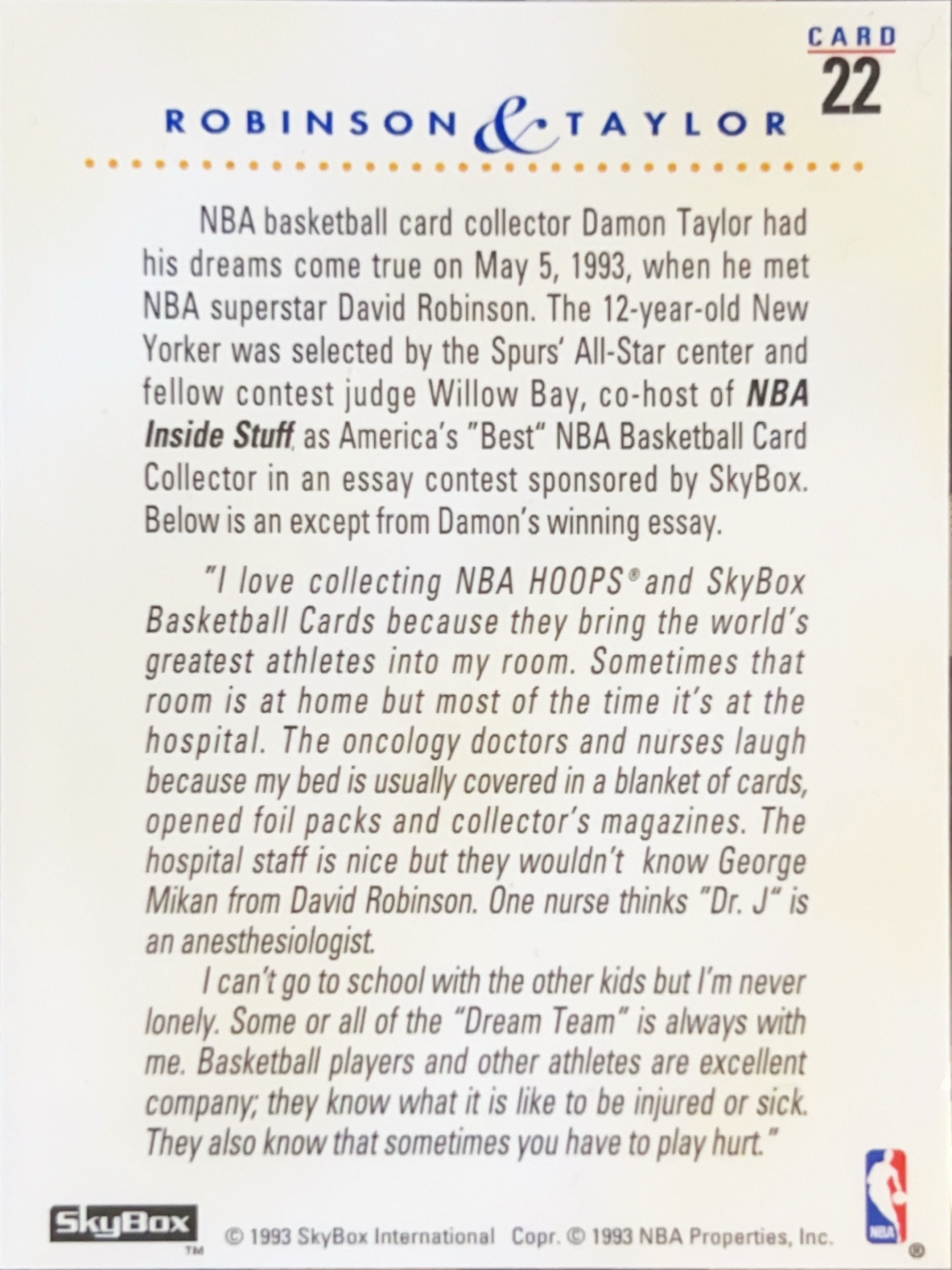 1993 SkyBox Premium NBA Inside Stuff Damon Taylor David Robinson #22