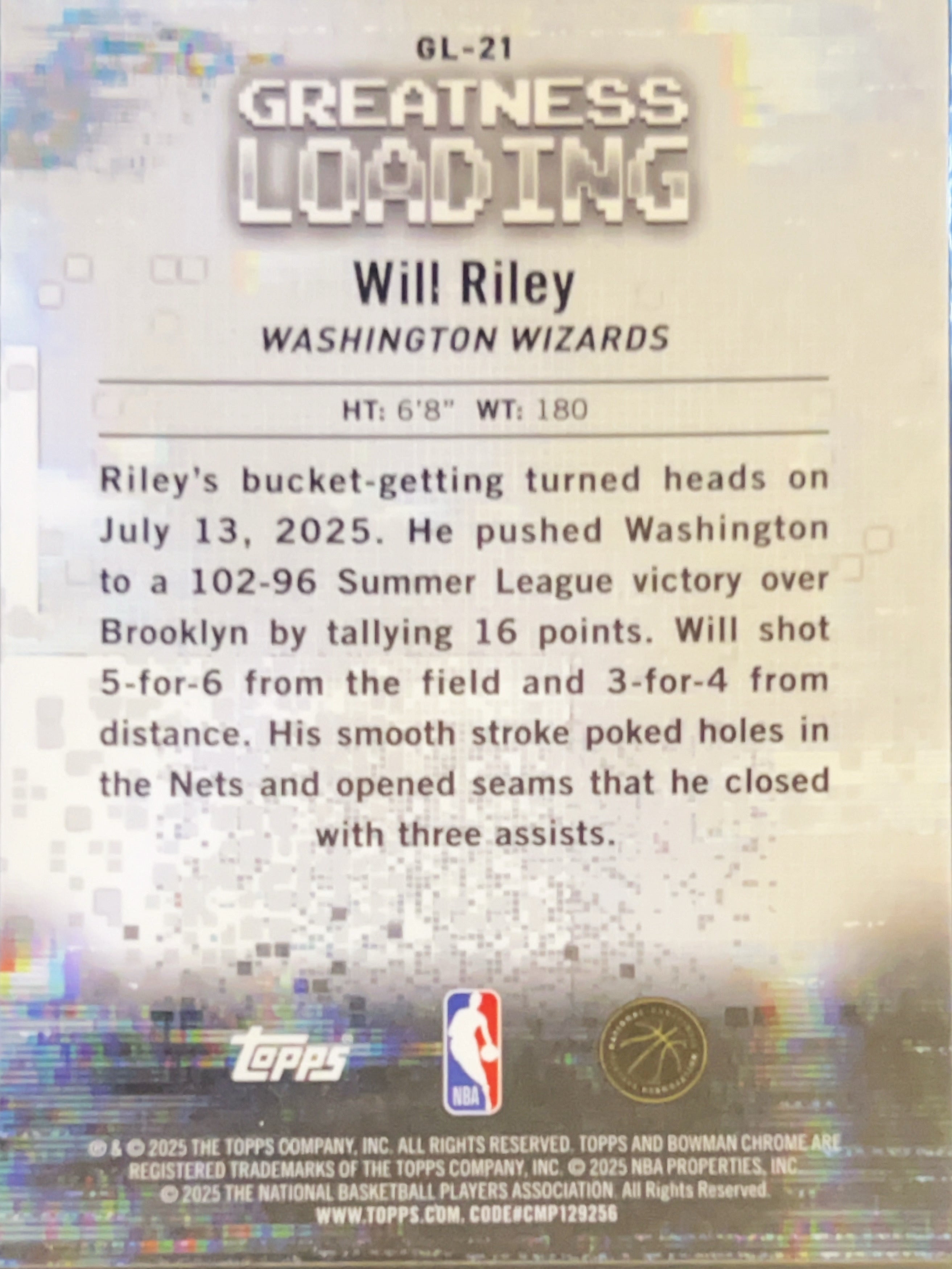 2025 Topps Bowman Chrome Greatness Loading Will Riley #GL-21 RC