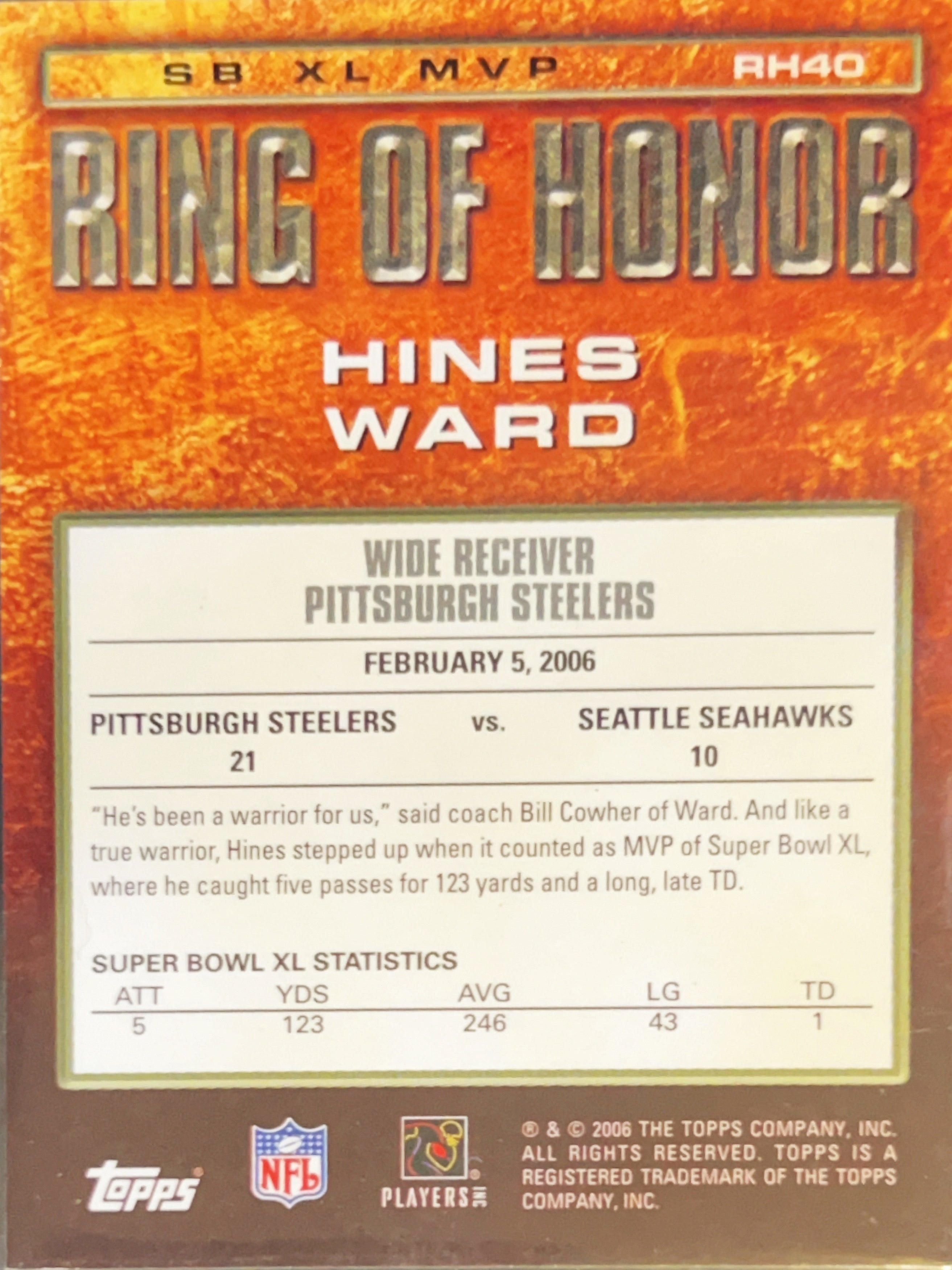 2006 Topps Ring of Honor Hines Ward #RH40
