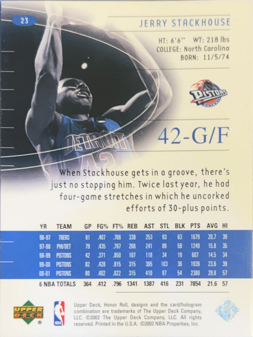2002 Upper Deck Honor Roll Jerry Stackhouse #23