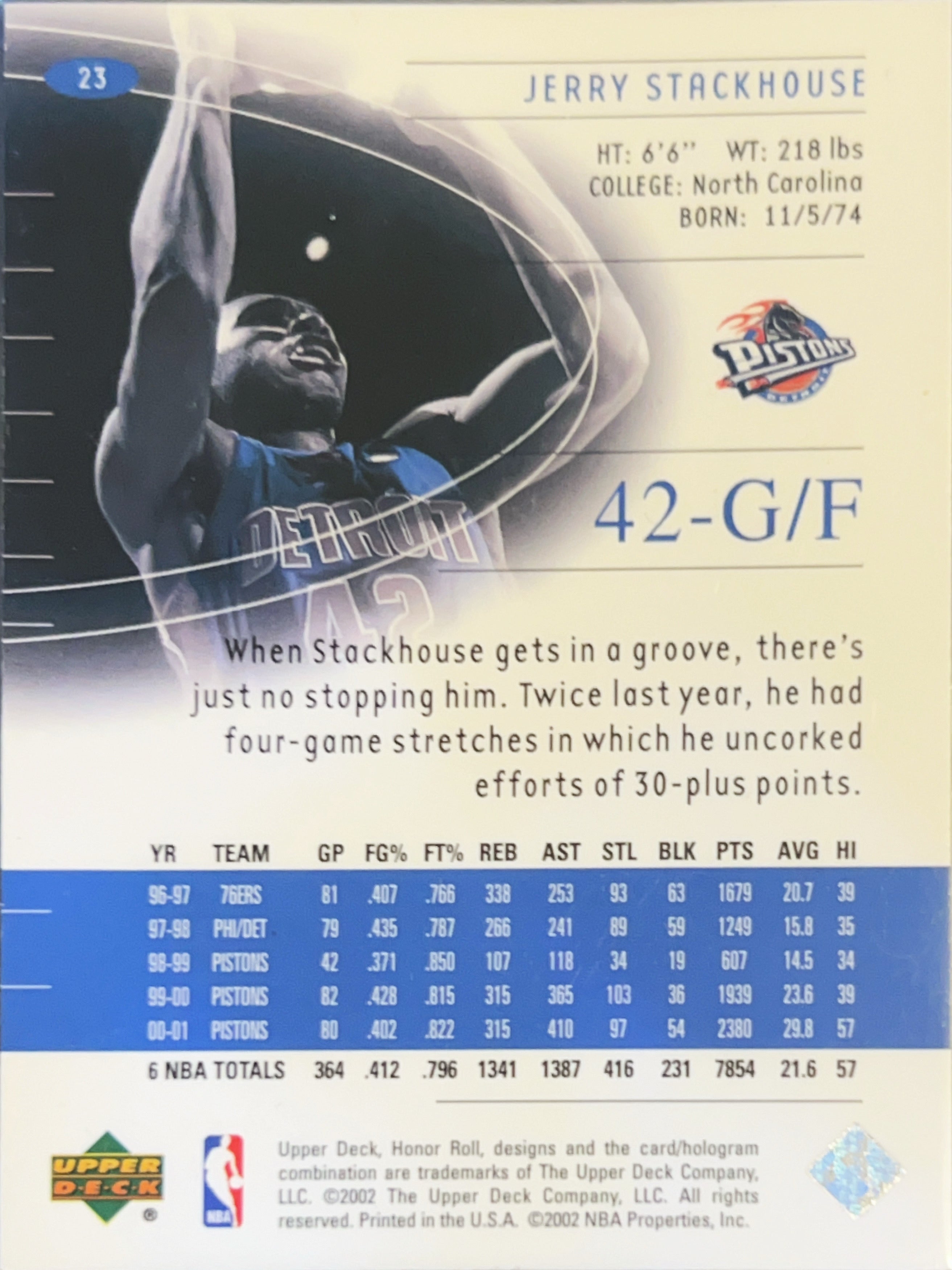2002 Upper Deck Honor Roll Jerry Stackhouse #23