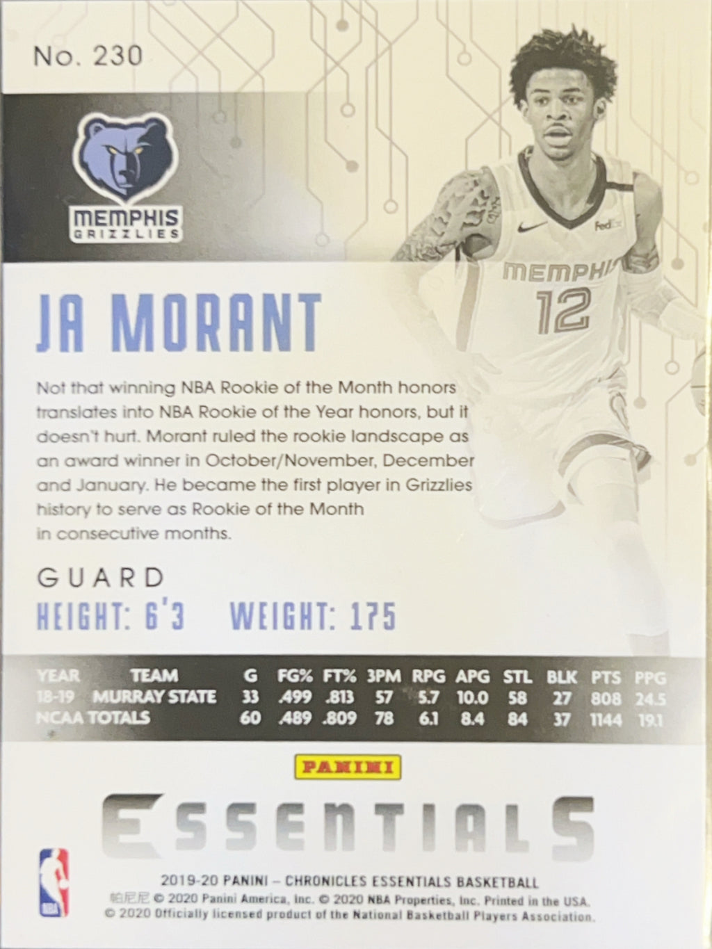 2019 Panini Chronicles Essentials Ja Morant #230 Holo RC