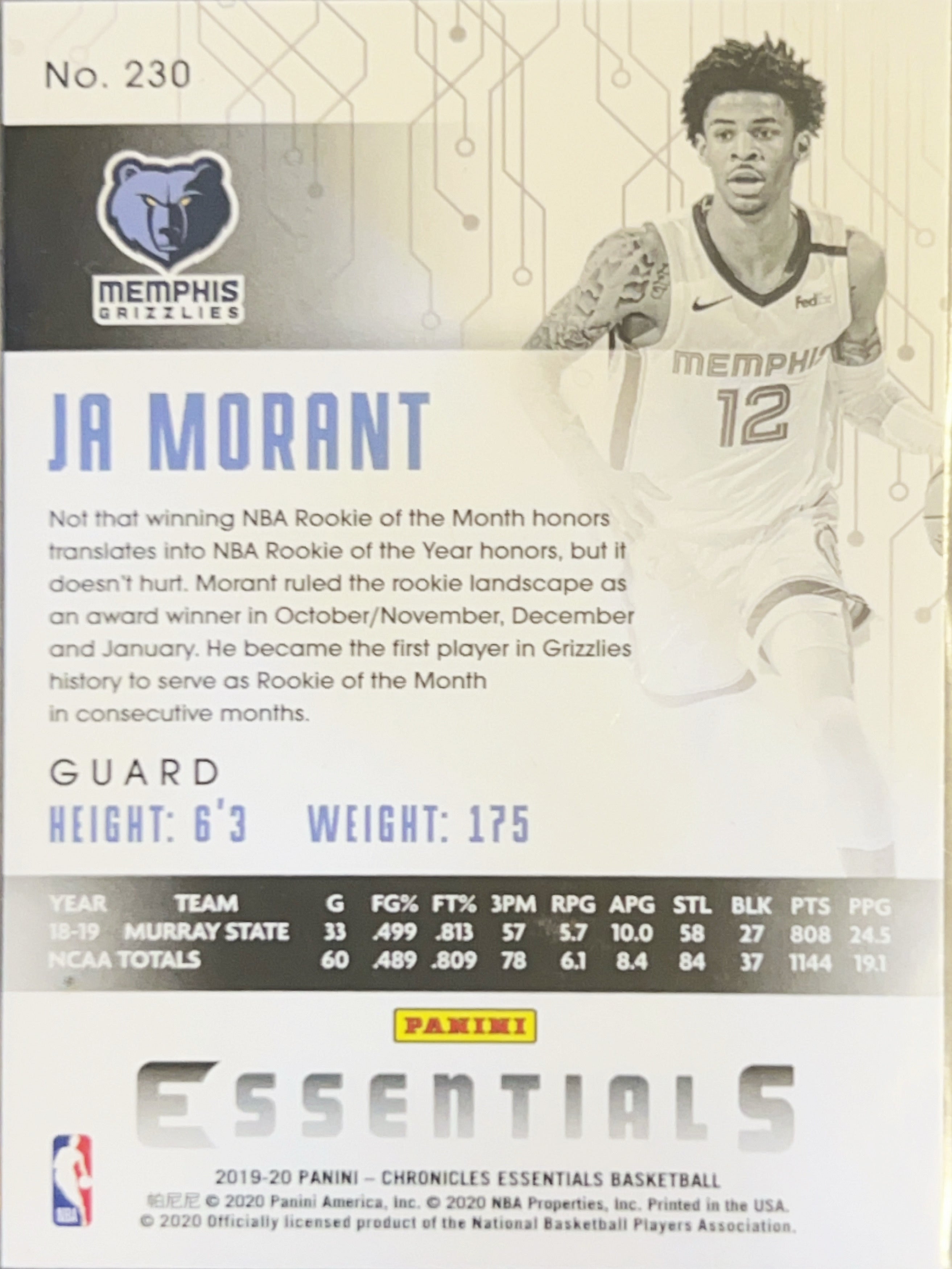 2019 Panini Chronicles Essentials Ja Morant #230 Holo RC