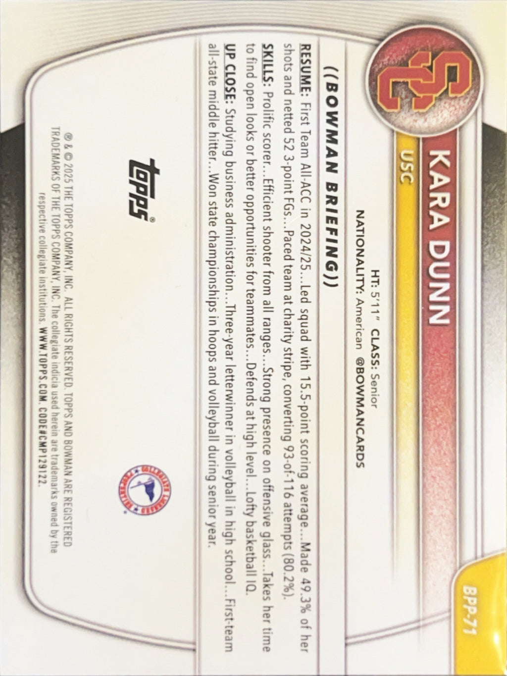 2025 Bowman University Best Kara Dunn #BPP-71 1st Bowman