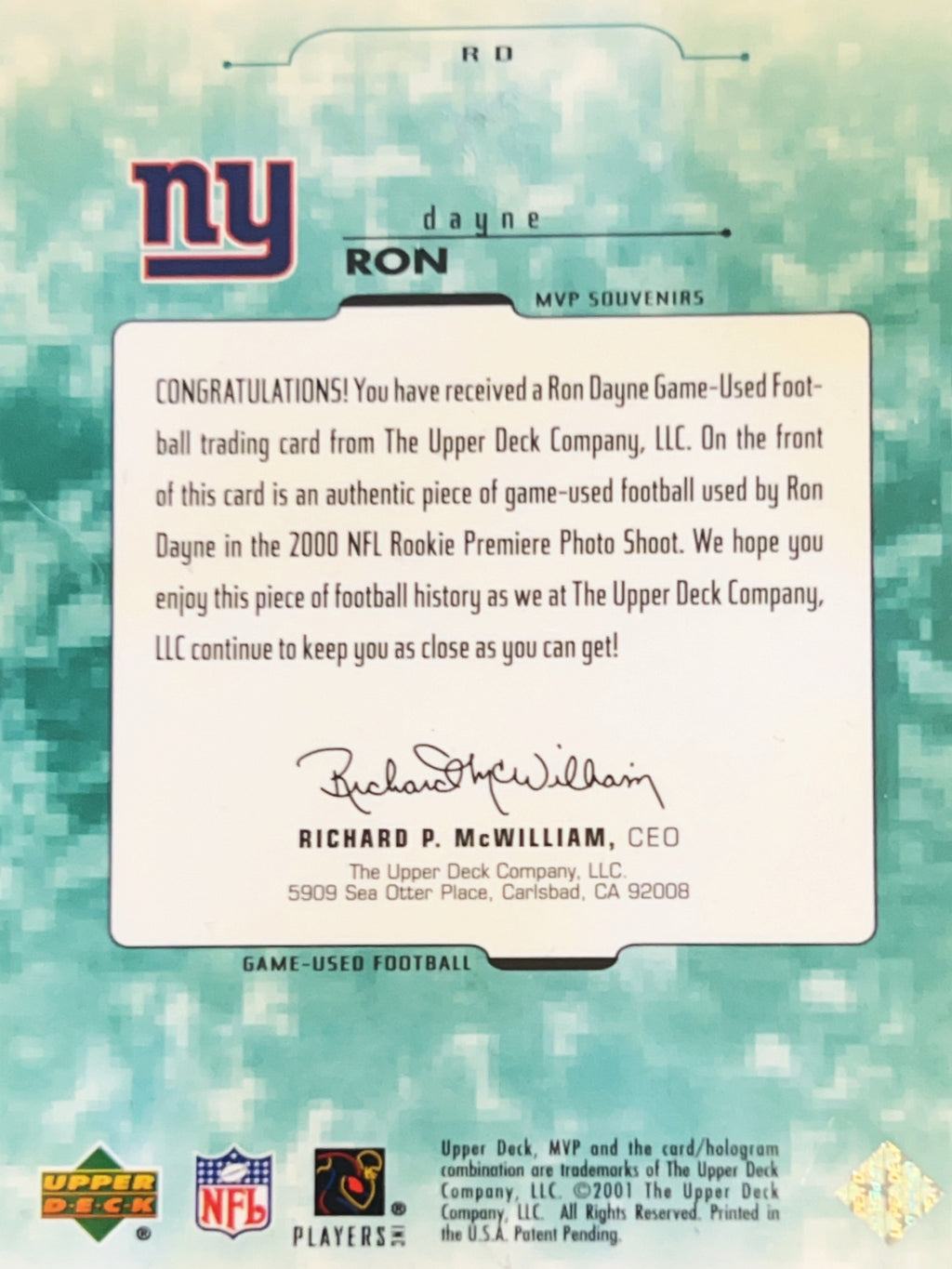 2001 Upper Deck MVP Souvenirs Ron Dayne #RD Game-Used Football