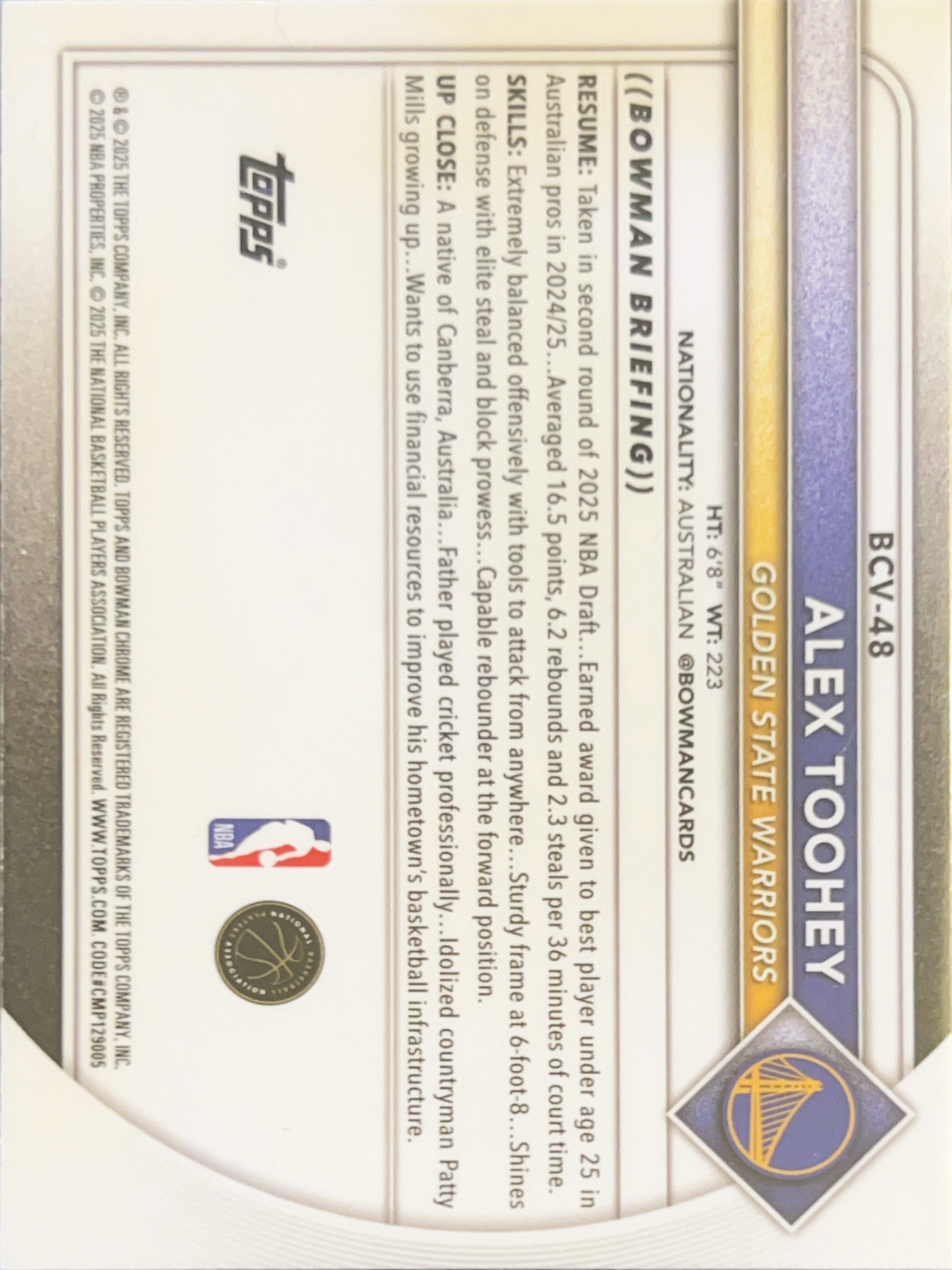 2025 Bowman Chrome University Alex Toohey #BCV-48 RC