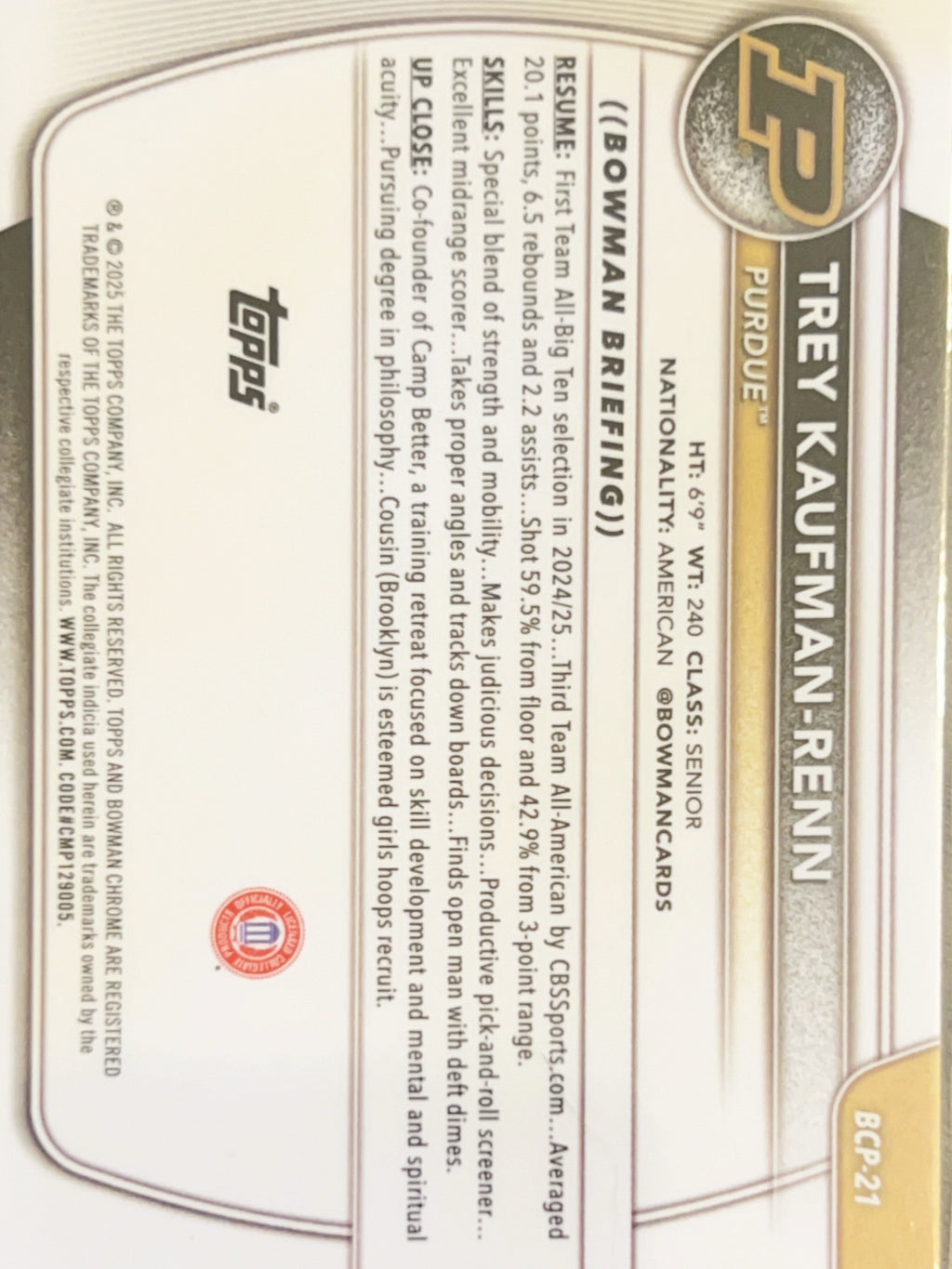 2025 Bowman Chrome University Trey Kaufman-Renn #BCP-21
