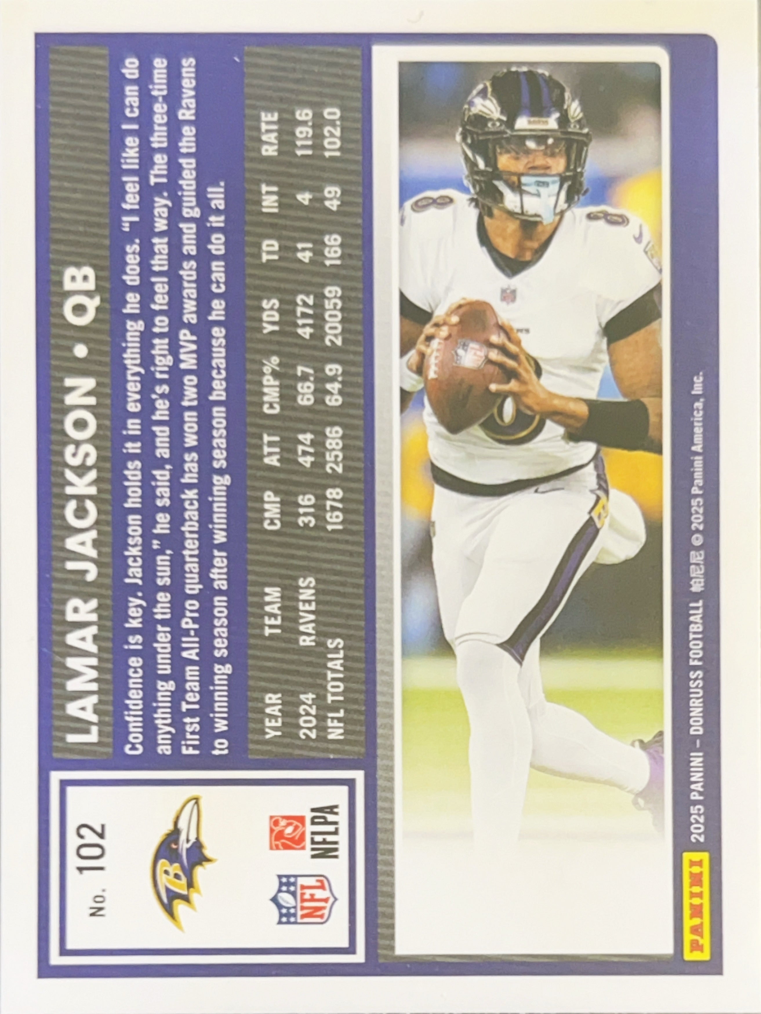 2025 Panini Donruss Football Lamar Jackson #102 Press Proof Purple