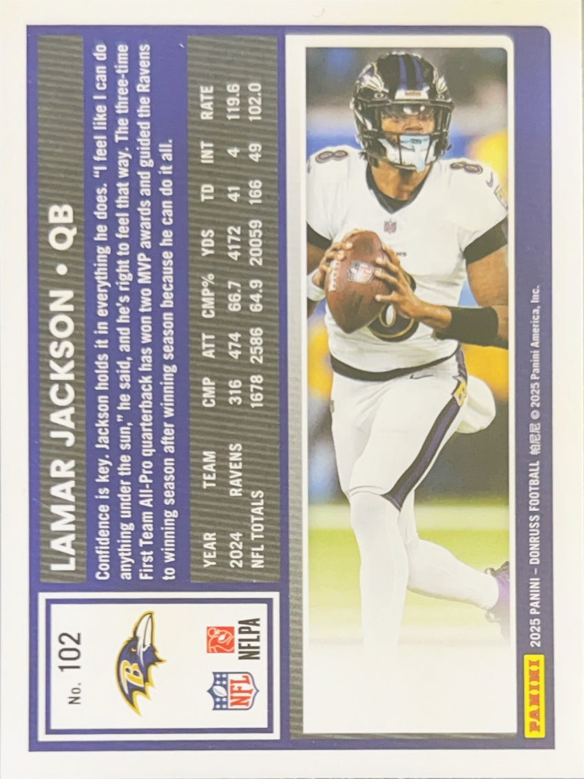 2025 Panini Donruss Football Lamar Jackson #102 Press Proof Purple