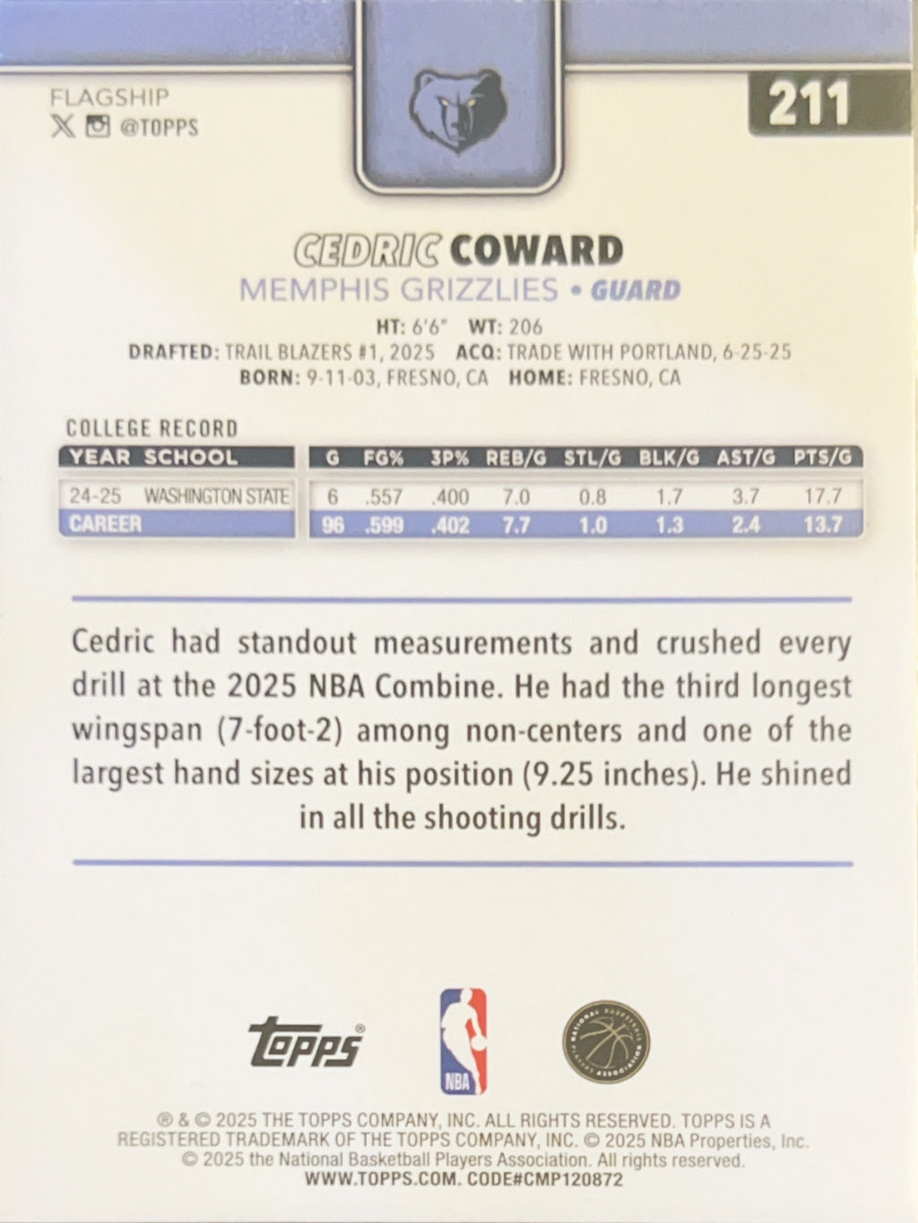 2025 Topps Flagship Cedric Coward #211 RC