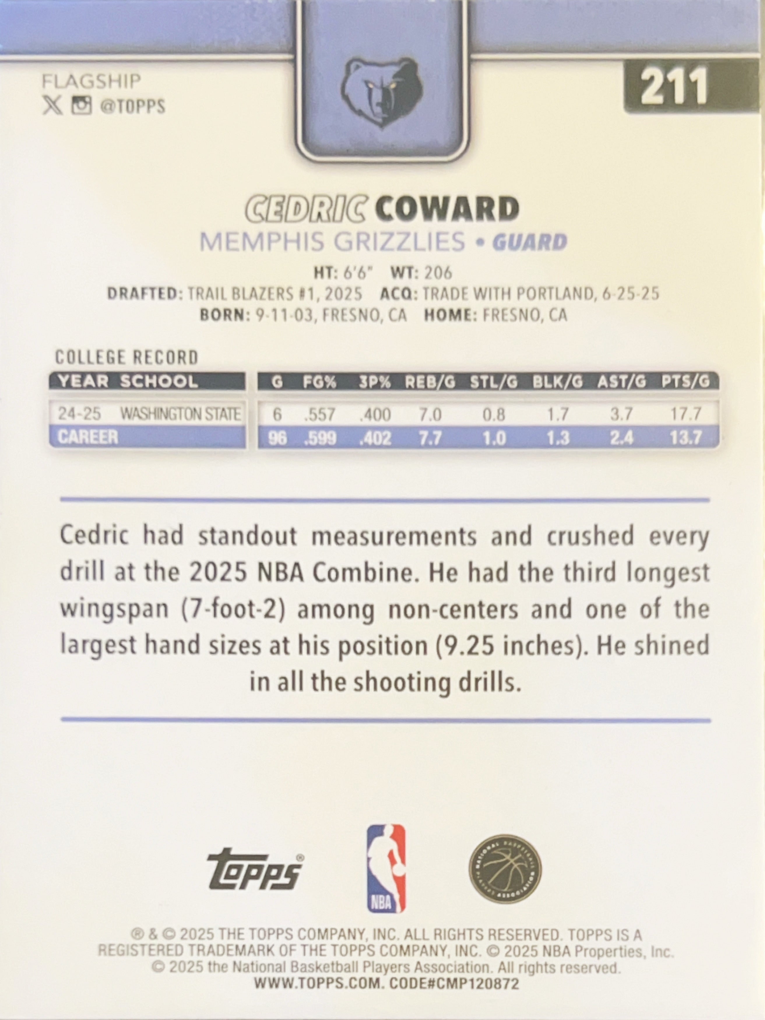 2025 Topps Flagship Cedric Coward #211 RC