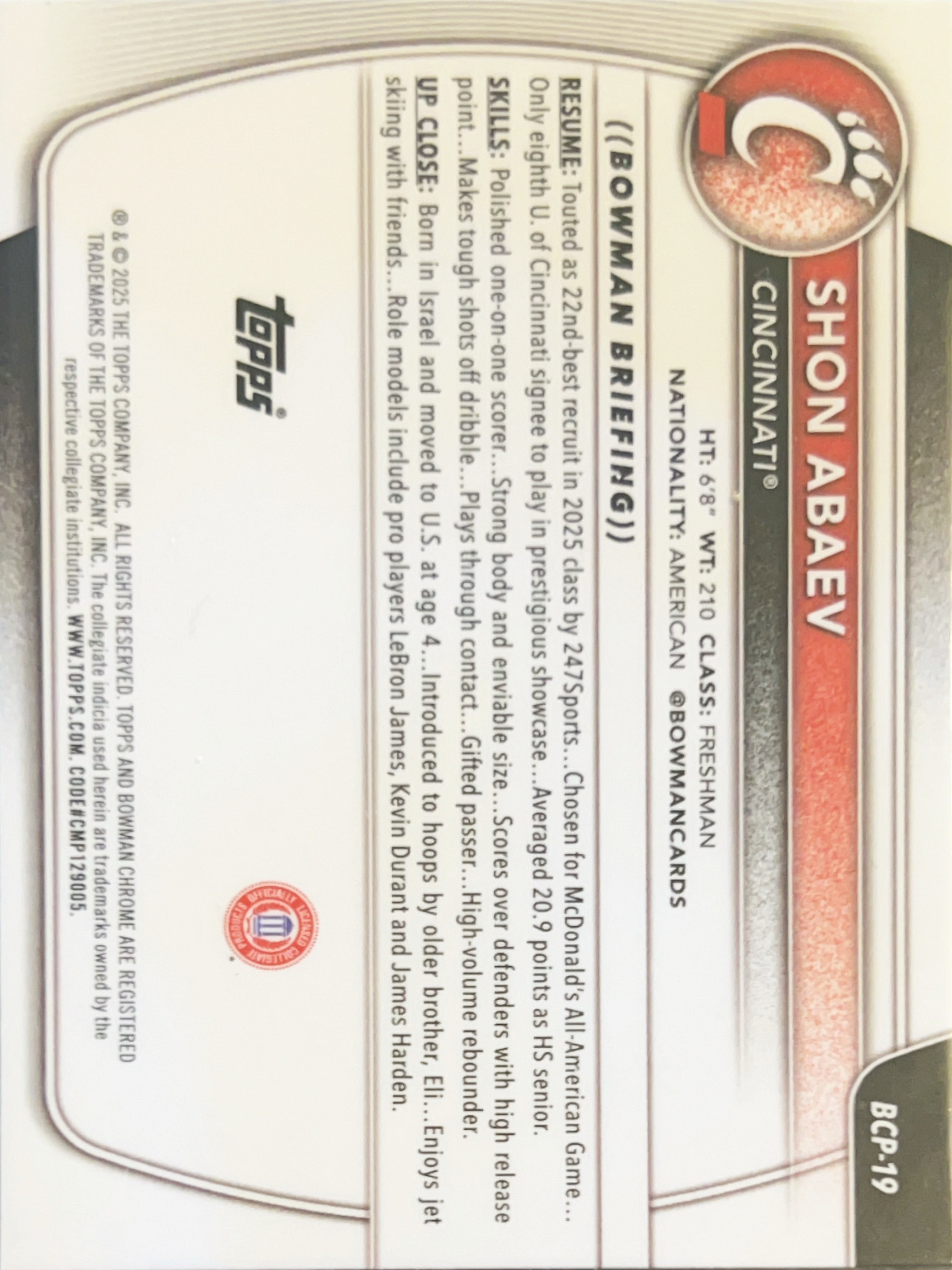 2025 Bowman Chrome University Shon Abaev #BCP-19 1st Bowman