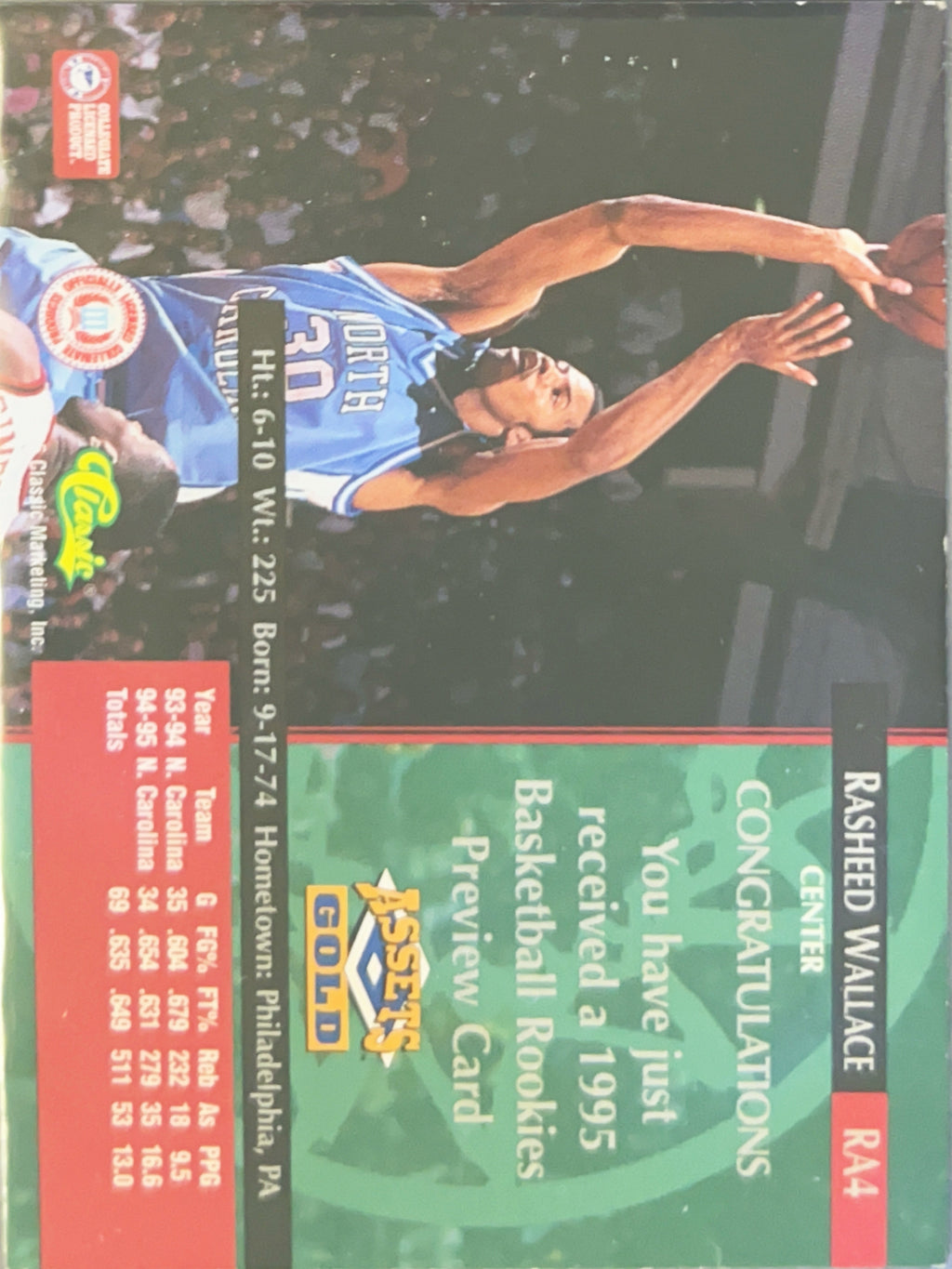 1995 Classic Assets Gold Rookies Preview Rasheed Wallace #RA4 Auto