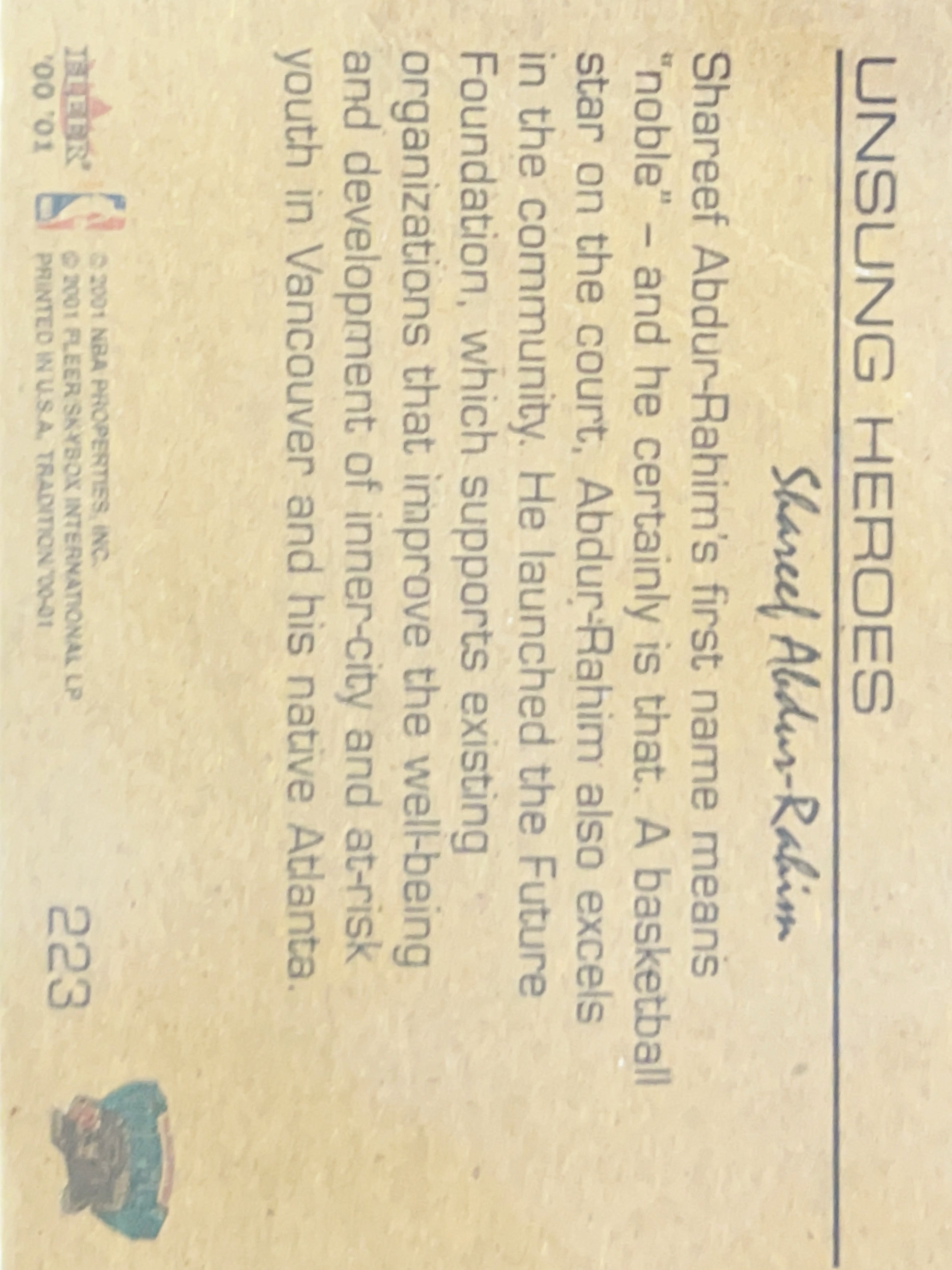 2001 Fleer Tradition Unsung Heroes Shareef Abdur-Rahim #223