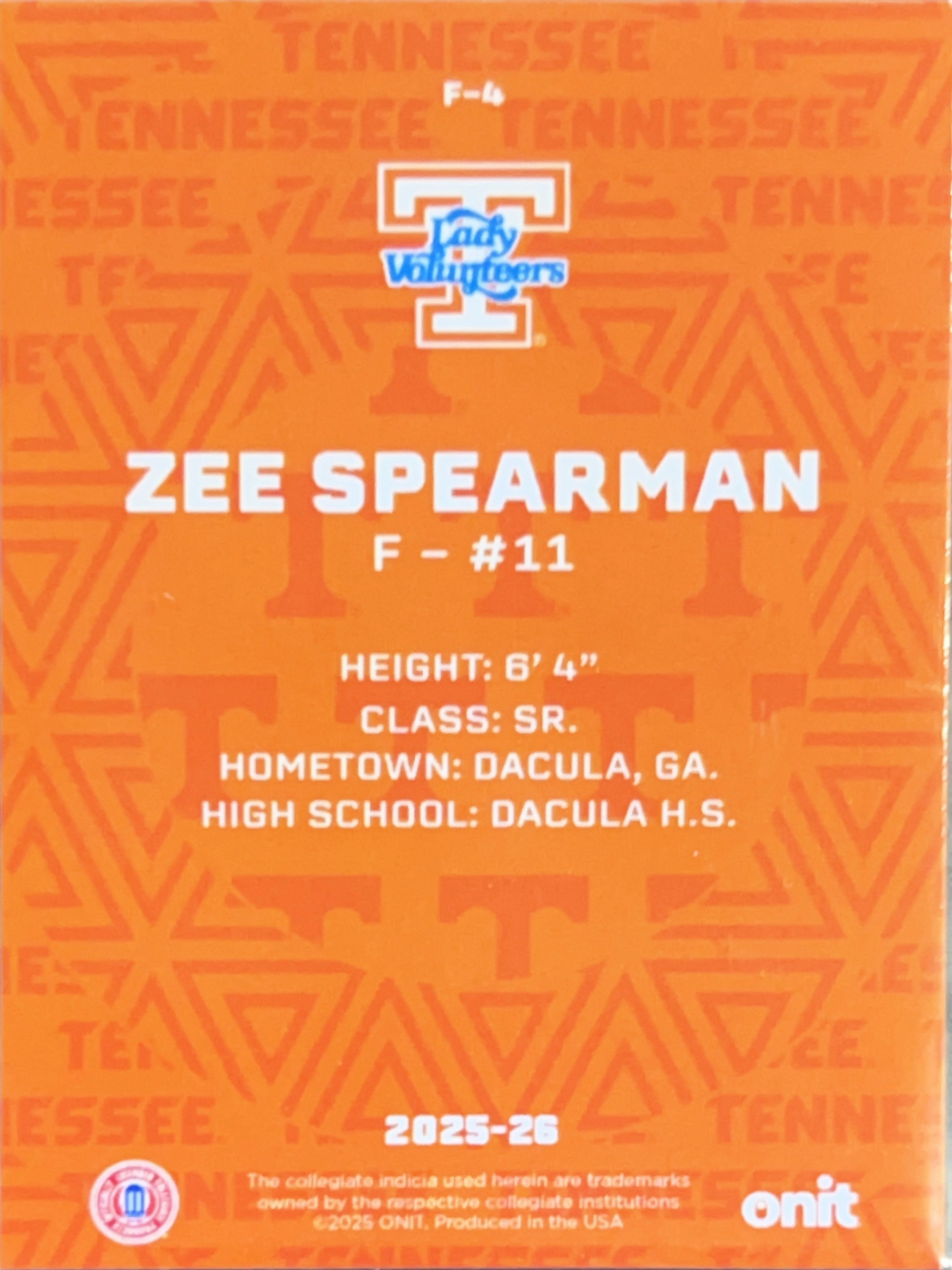 2025 ONIT Tennessee Lady Volunteers Zee Spearman #F-4