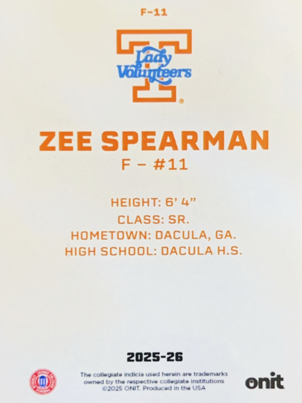 2025 ONIT Tennessee Lady Volunteers Zee Spearman #F-11