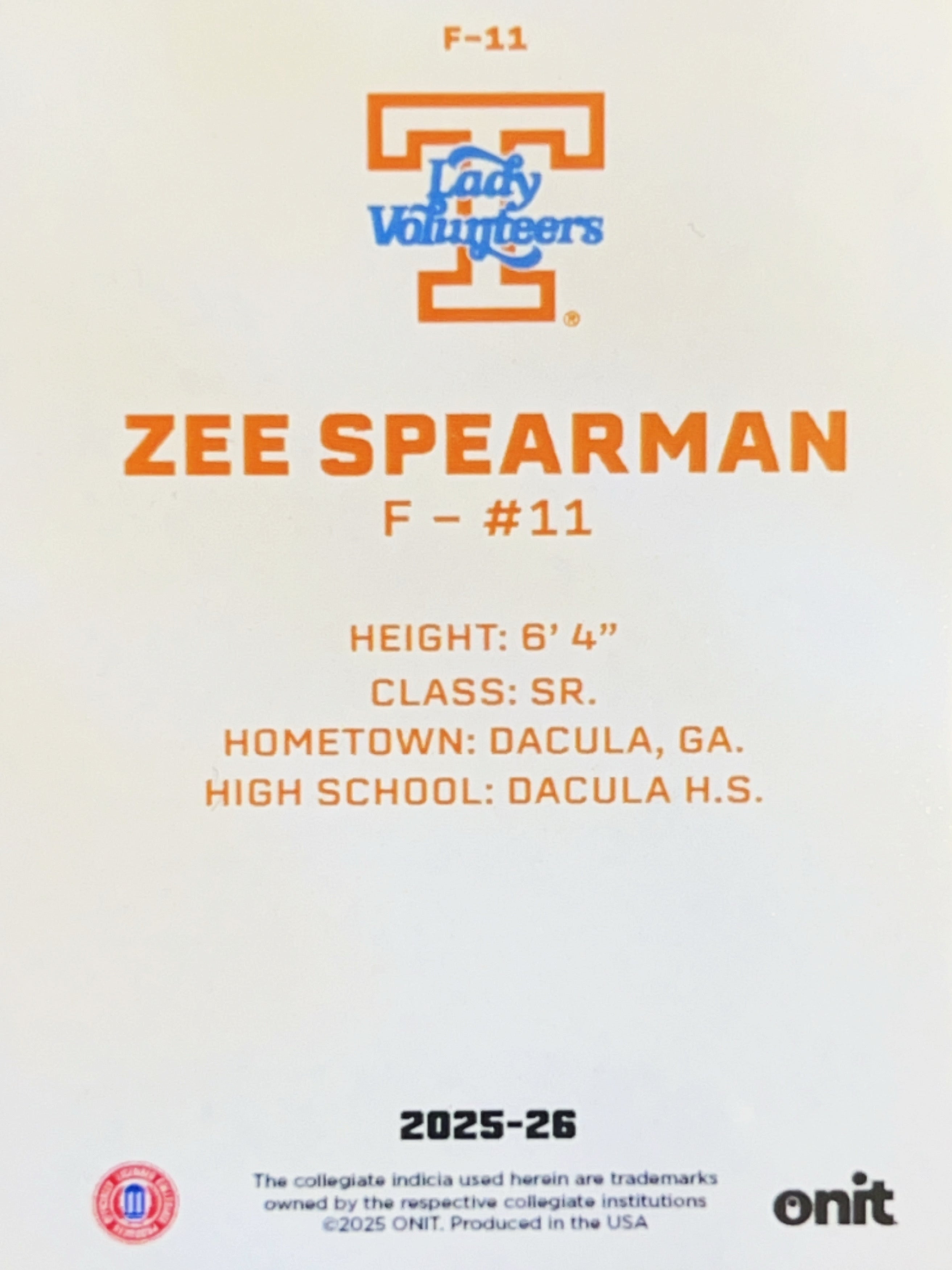 2025 ONIT Tennessee Lady Volunteers Zee Spearman #F-11