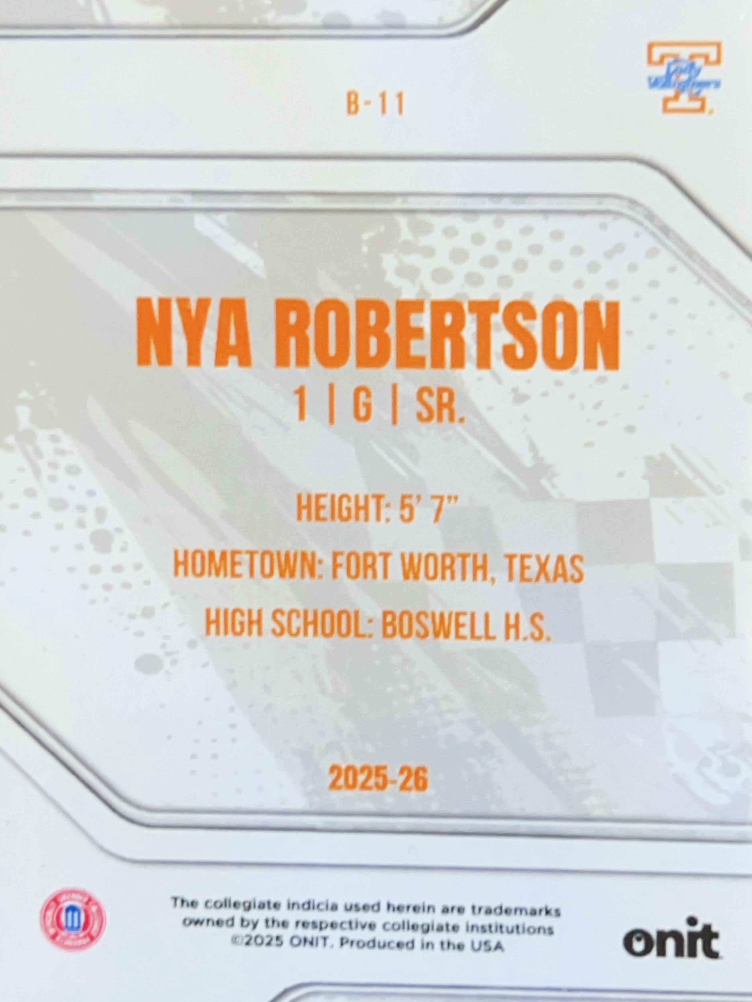 2025 ONIT Tennessee Lady Volunteers Nya Robertson #B-11 Orange Prism