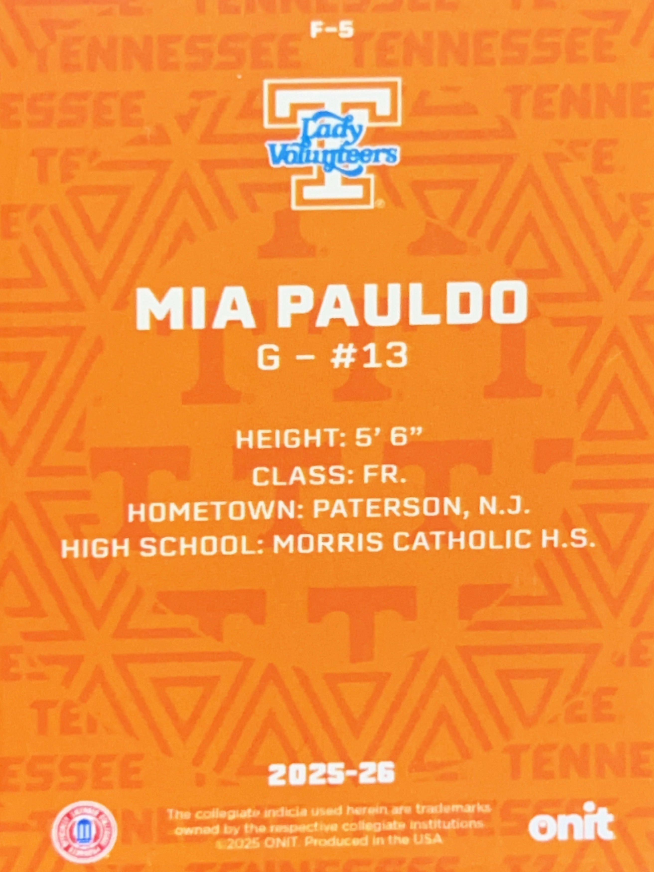 2025 ONIT Tennessee Lady Volunteers Mia Pauldo #F-5