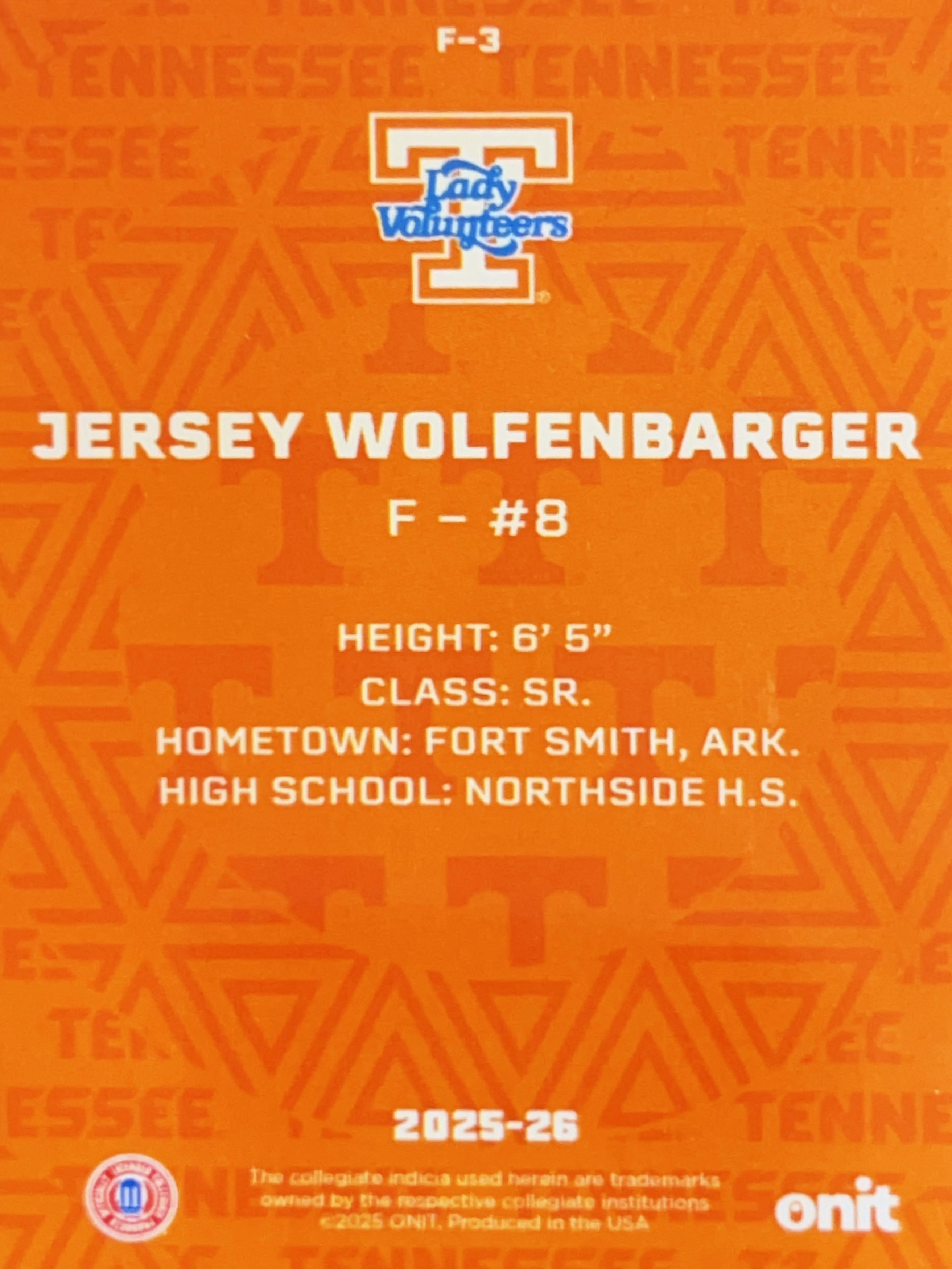 2025 ONIT Tennessee Lady Volunteers Jersey Wolfenbarger #F-3