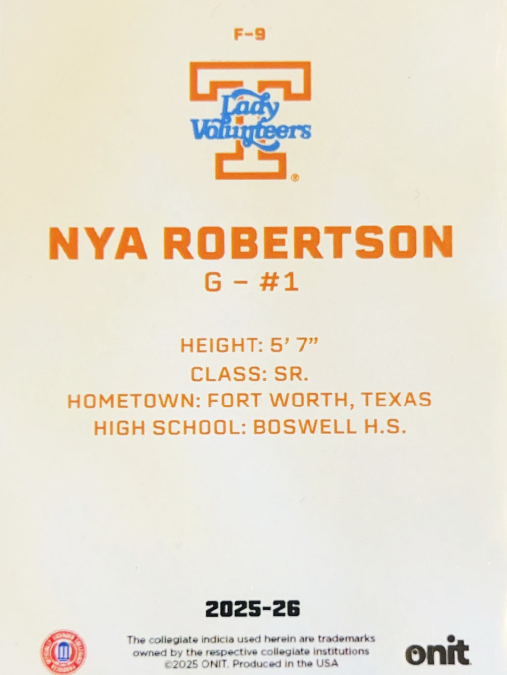 2025 ONIT Tennessee Lady Volunteers Nya Robertson #F-9