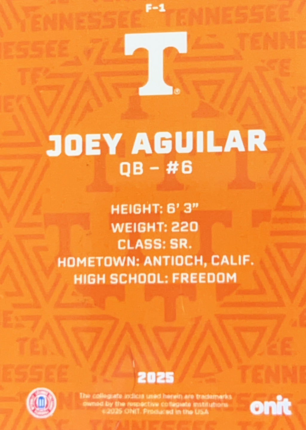 2025 ONIT Tennessee Football Joey Aguilar #F-1