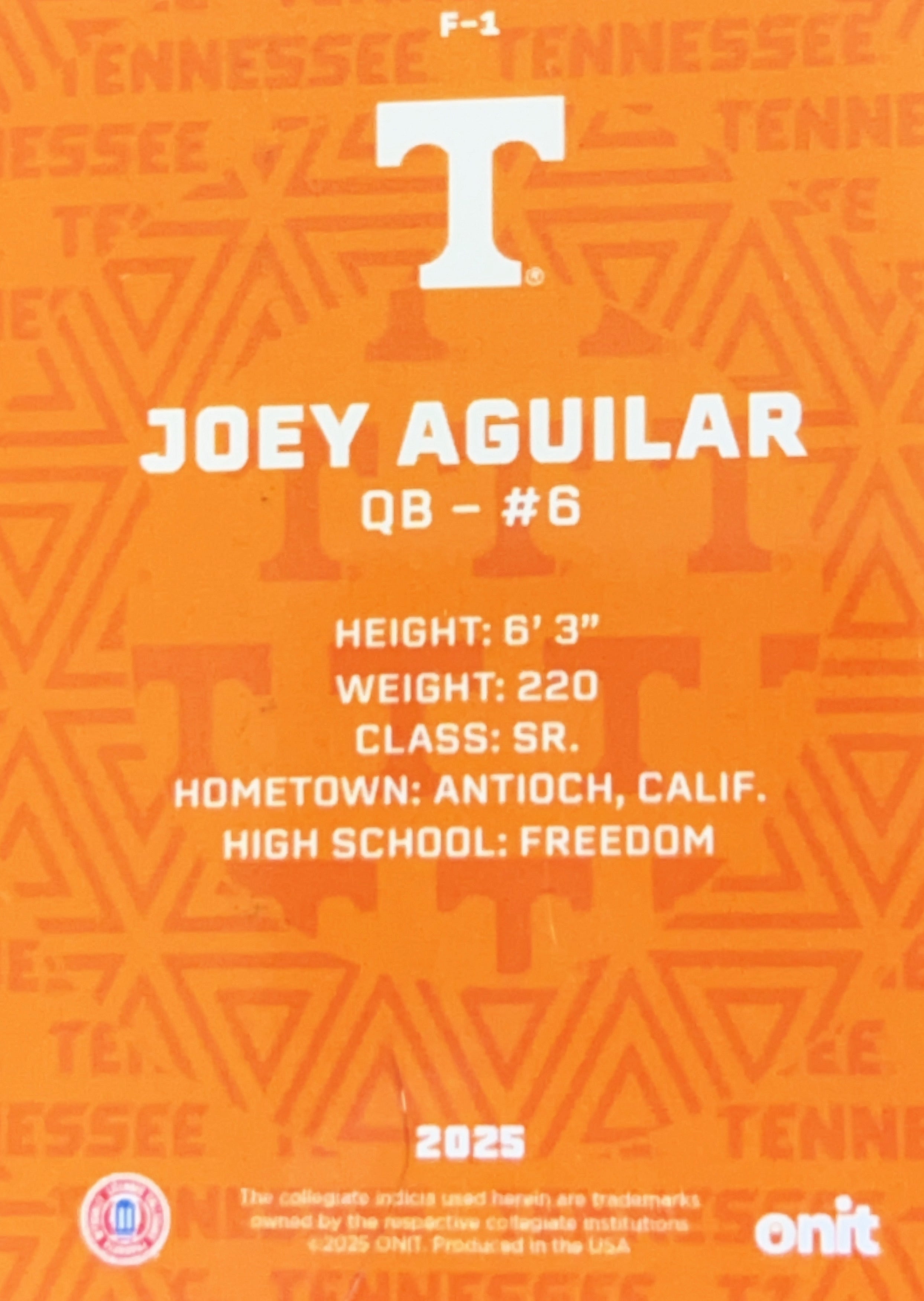 2025 ONIT Tennessee Football Joey Aguilar #F-1