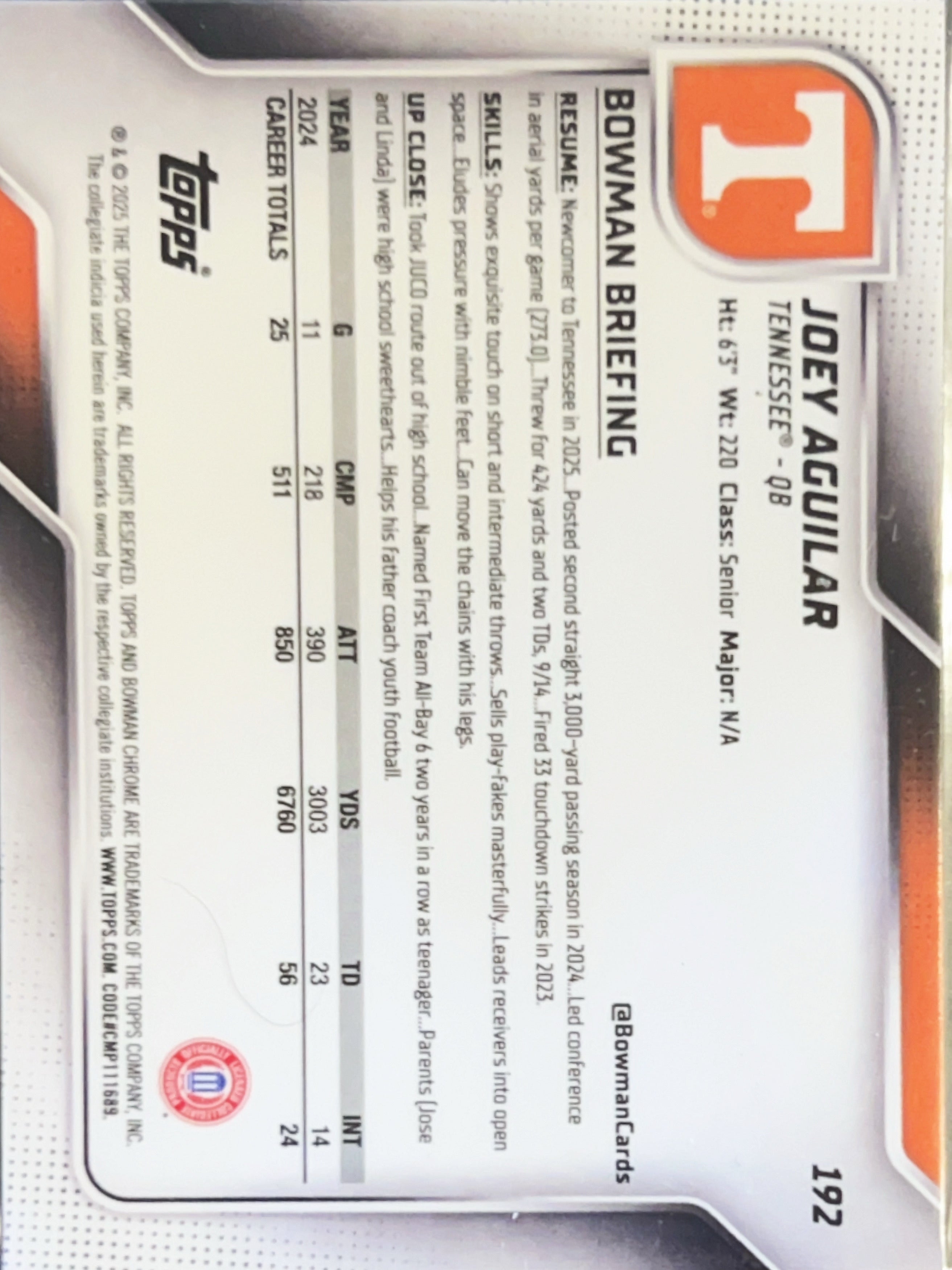 2025 Bowman Chrome University Joey Aguilar #192