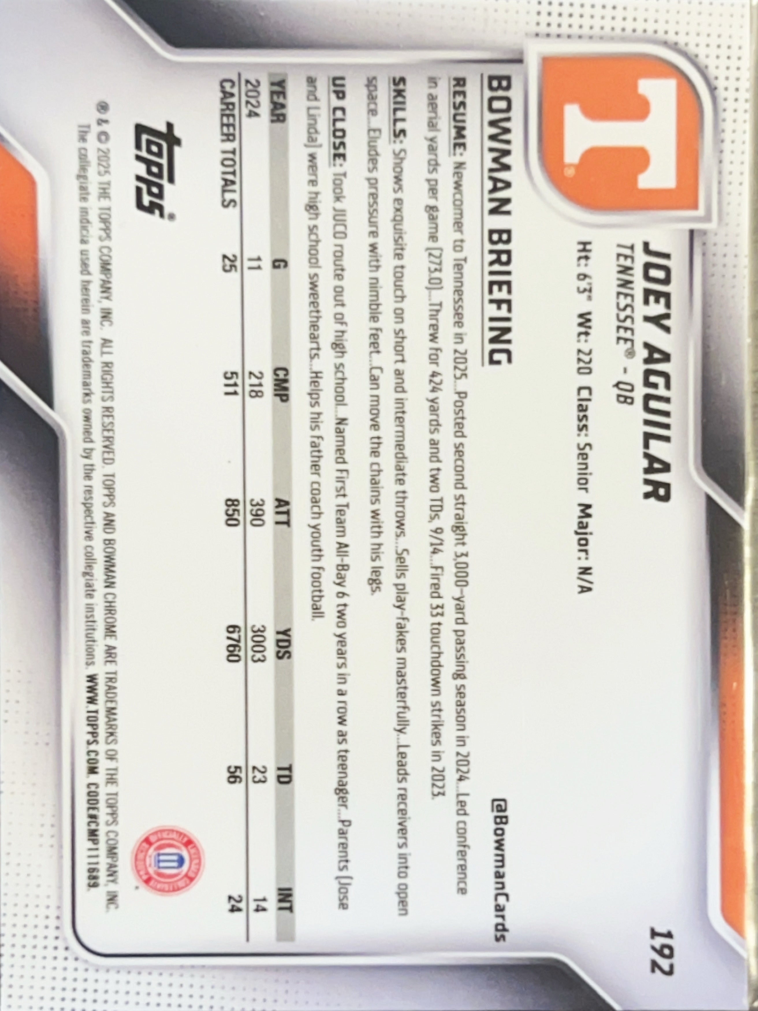 2025 Bowman Chrome University Joey Aguilar #192