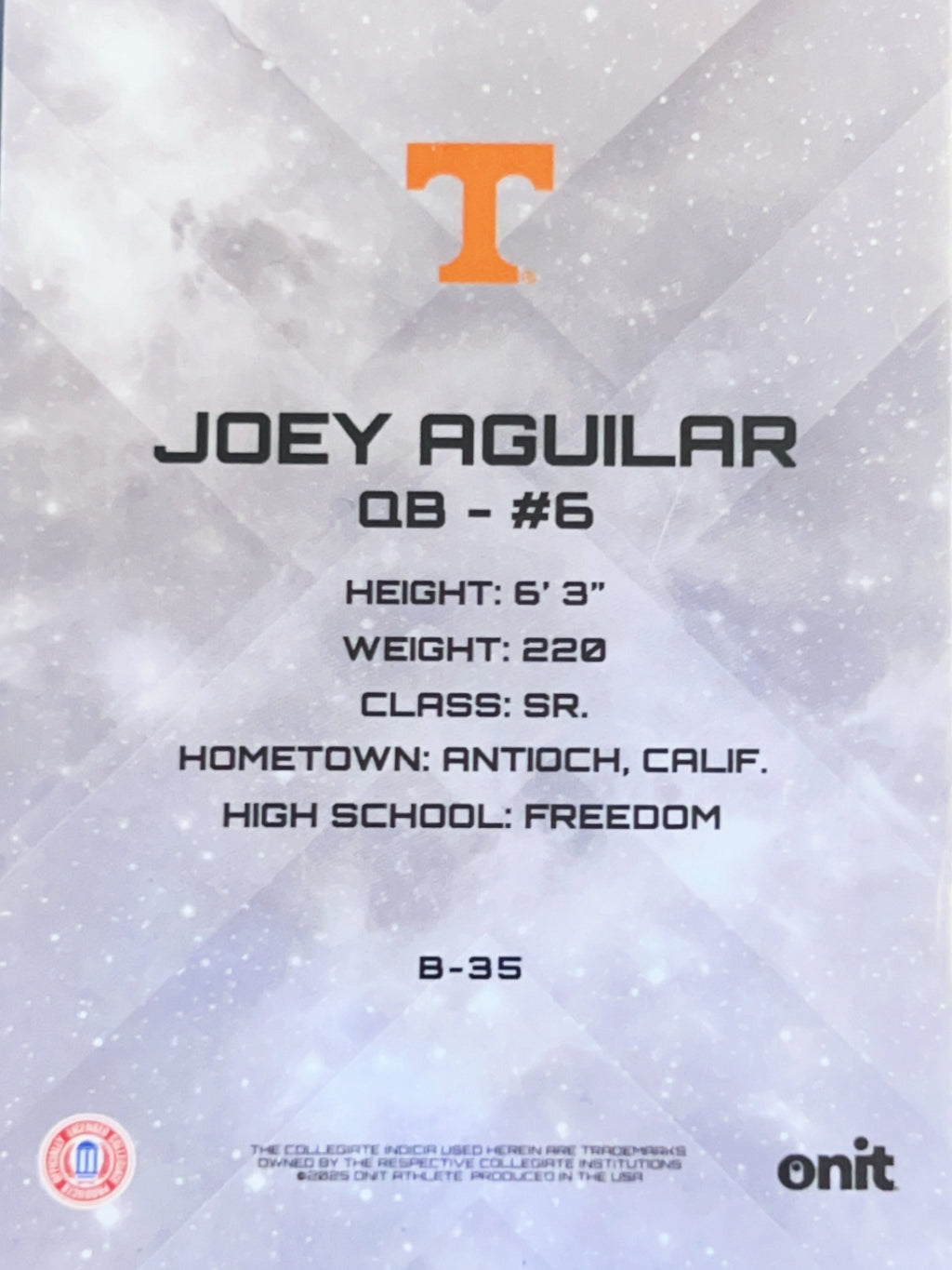 2025 ONIT Tennessee Football Joey Aguilar #B-35