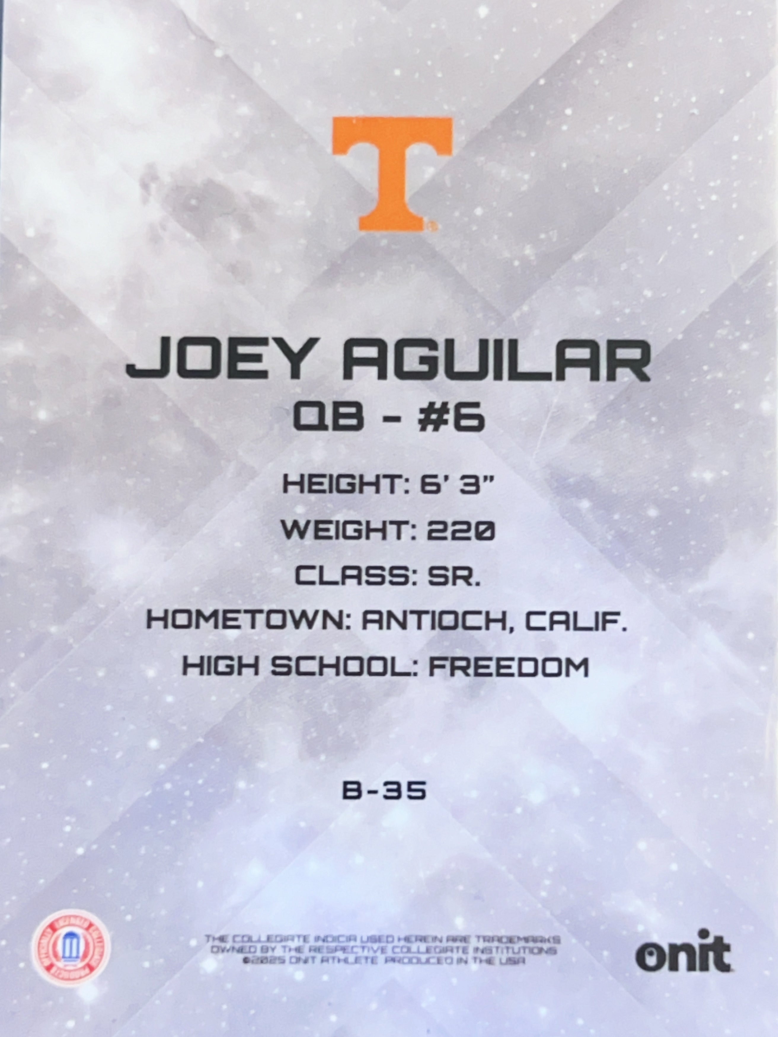 2025 ONIT Tennessee Football Joey Aguilar #B-35