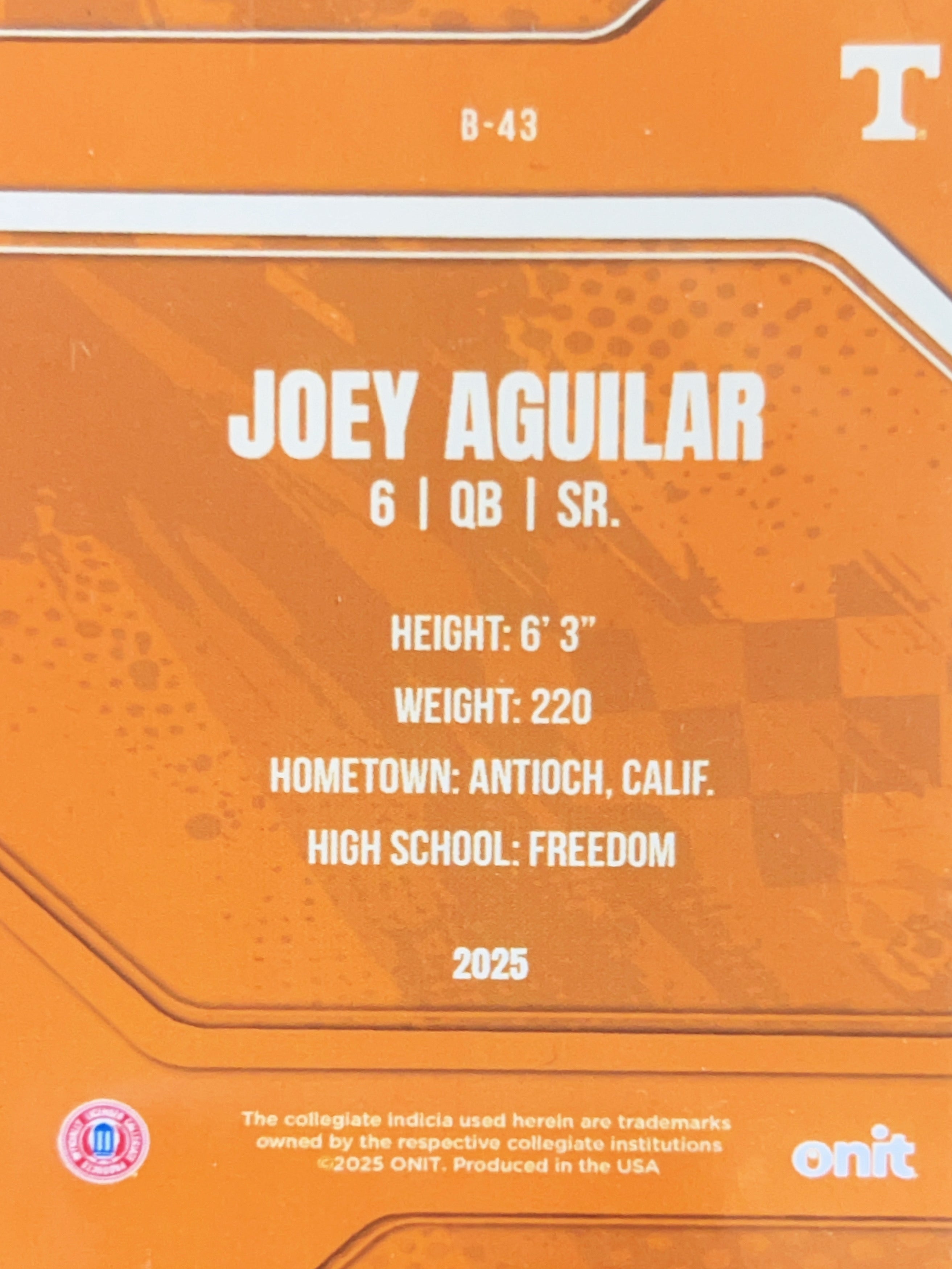 2025 ONIT Tennessee Volunteers Joey Aguilar #B-43