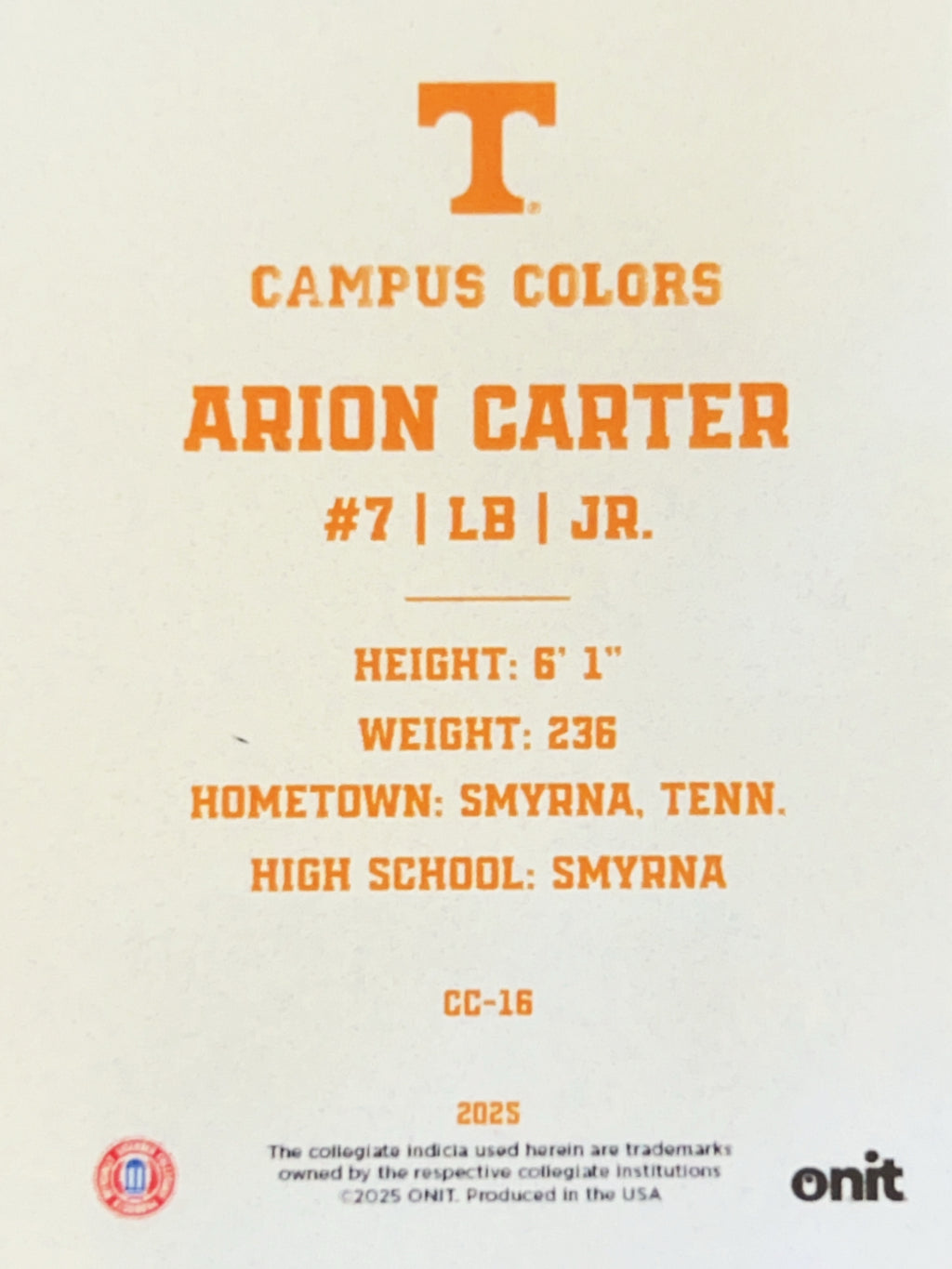 2025 ONIT Gameday Campus Colors Arion Carter #CC-16