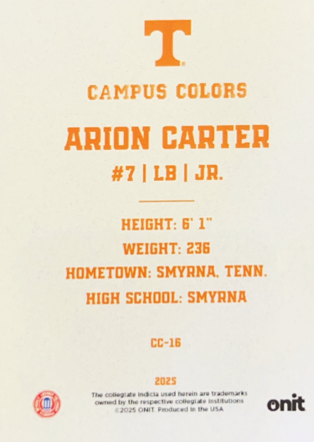 2025 ONIT Gameday Campus Colors Arion Carter #CC-16