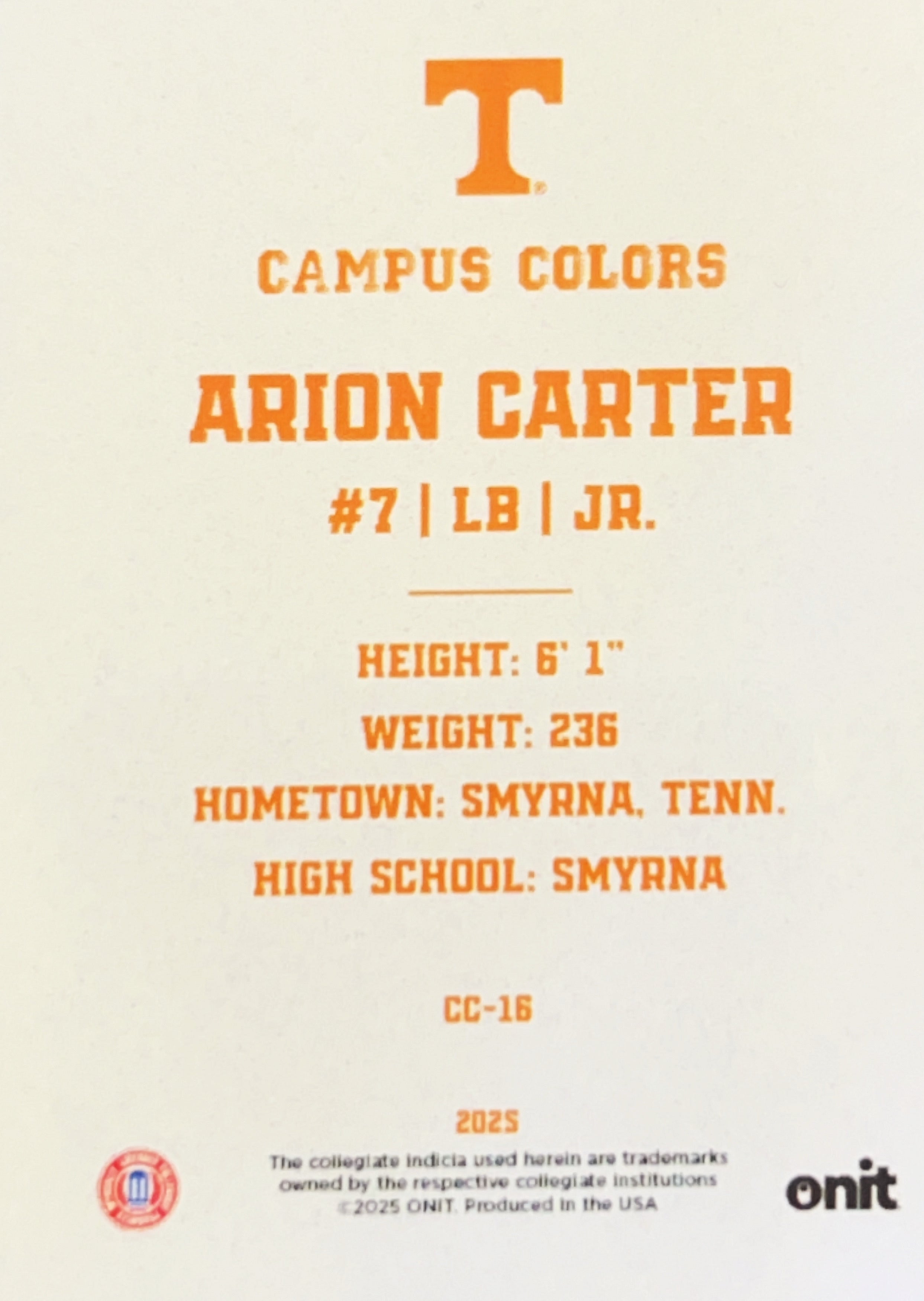 2025 ONIT Gameday Campus Colors Arion Carter #CC-16