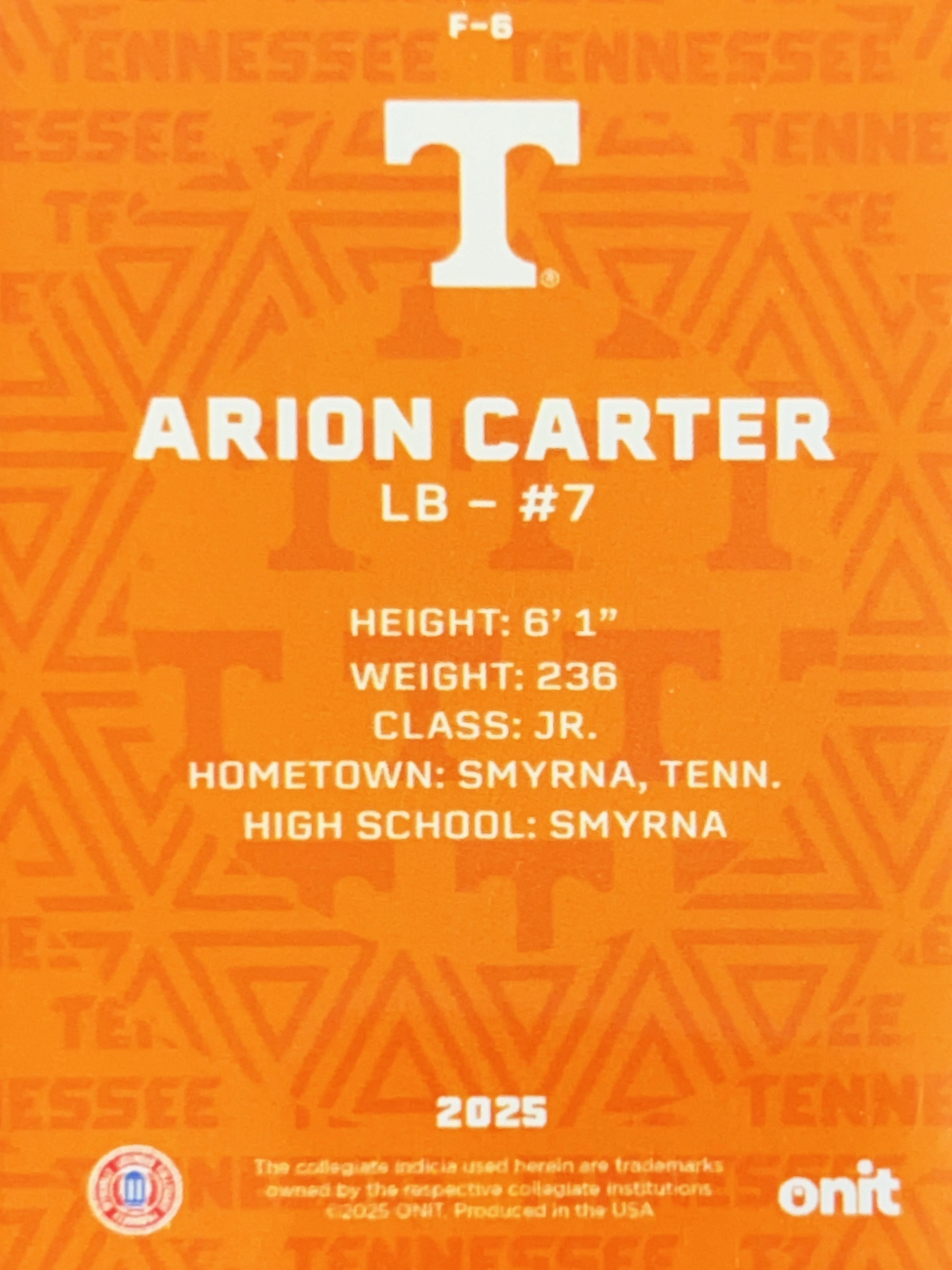 2025 ONIT Tennessee Volunteers Arion Carter #F-6 Orange Mosaic Prizm