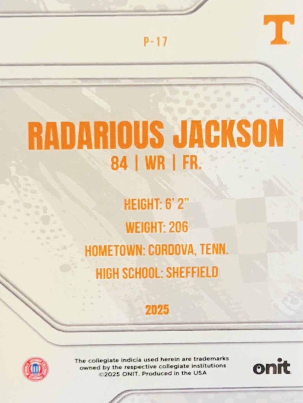 2025 Onit Tennessee Volunteers Radarious Jackson #P-17 Prism /199