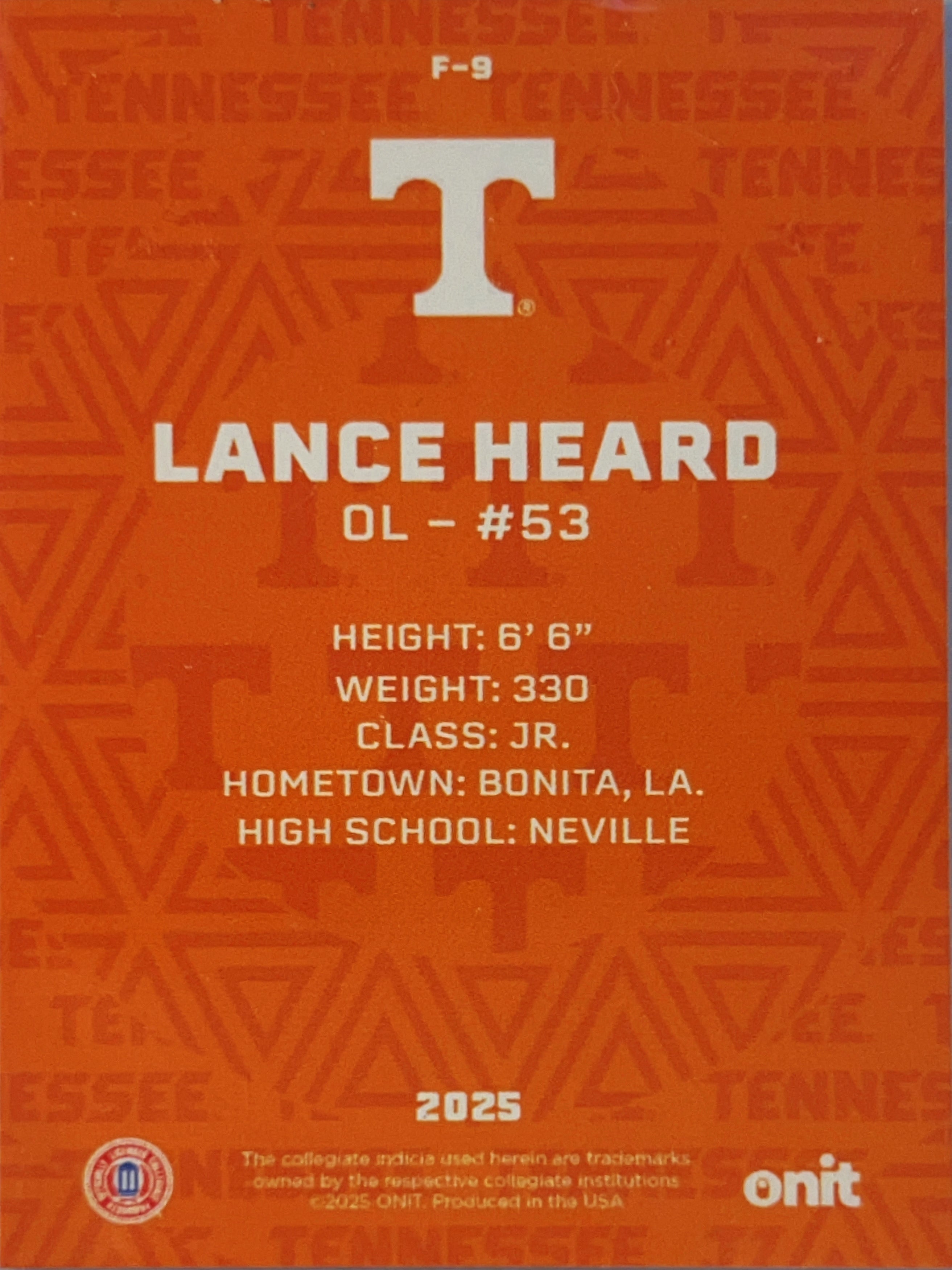 2025 ONIT Tennessee Football Lance Heard #F-9