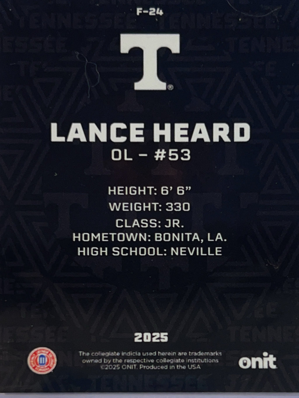 2025 Onit Tennessee Football Lance Heard #F-24